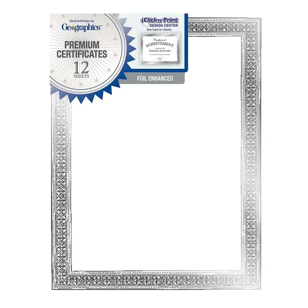 Geographics Award Certificate Paper - Silver Foil Flourish Border 12 Sheets (8.5 x 11 in) - main product image