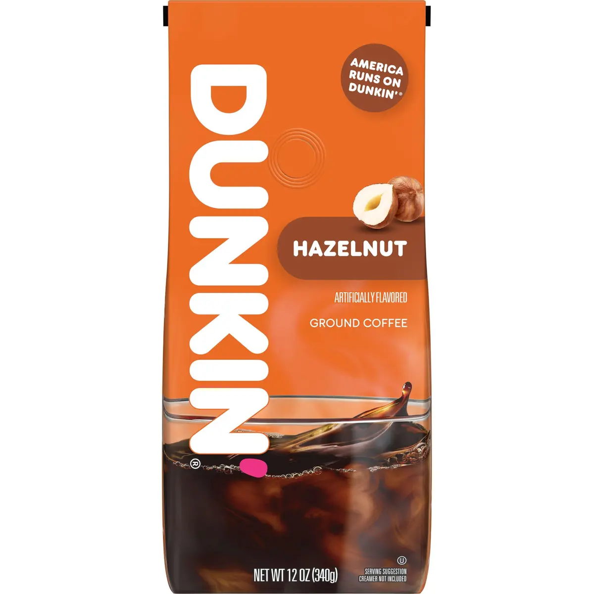 Dunkin' Hazelnut Ground Coffee 12 oz | Medium Roast, Artificial Hazelnut Flavor, Kosher Certified - main product image