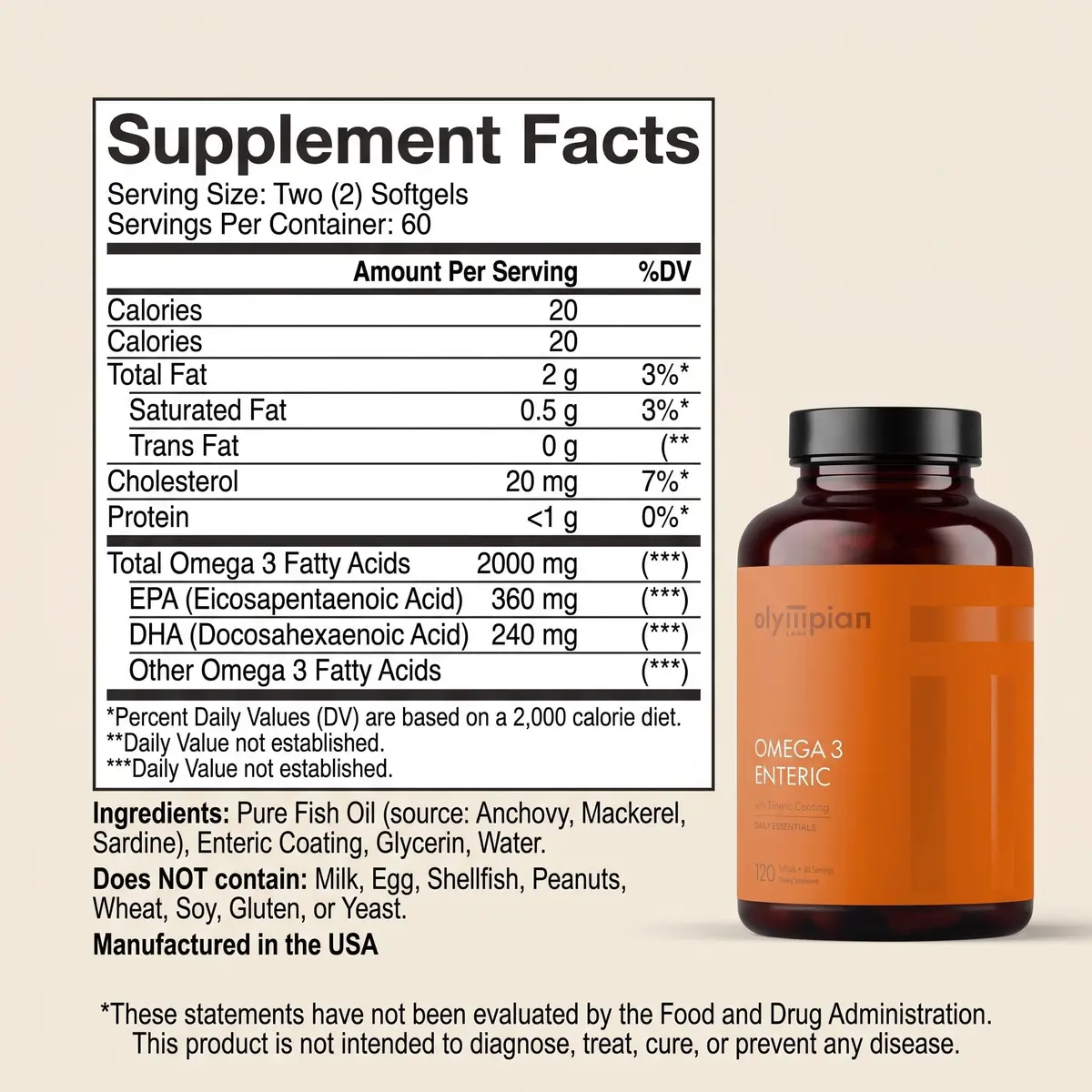 Olympian Labs Enteric Coated Omega 3 Fish Oils 120 Softgels | 2000mg per serving for Heart & Joint Support - view 2
