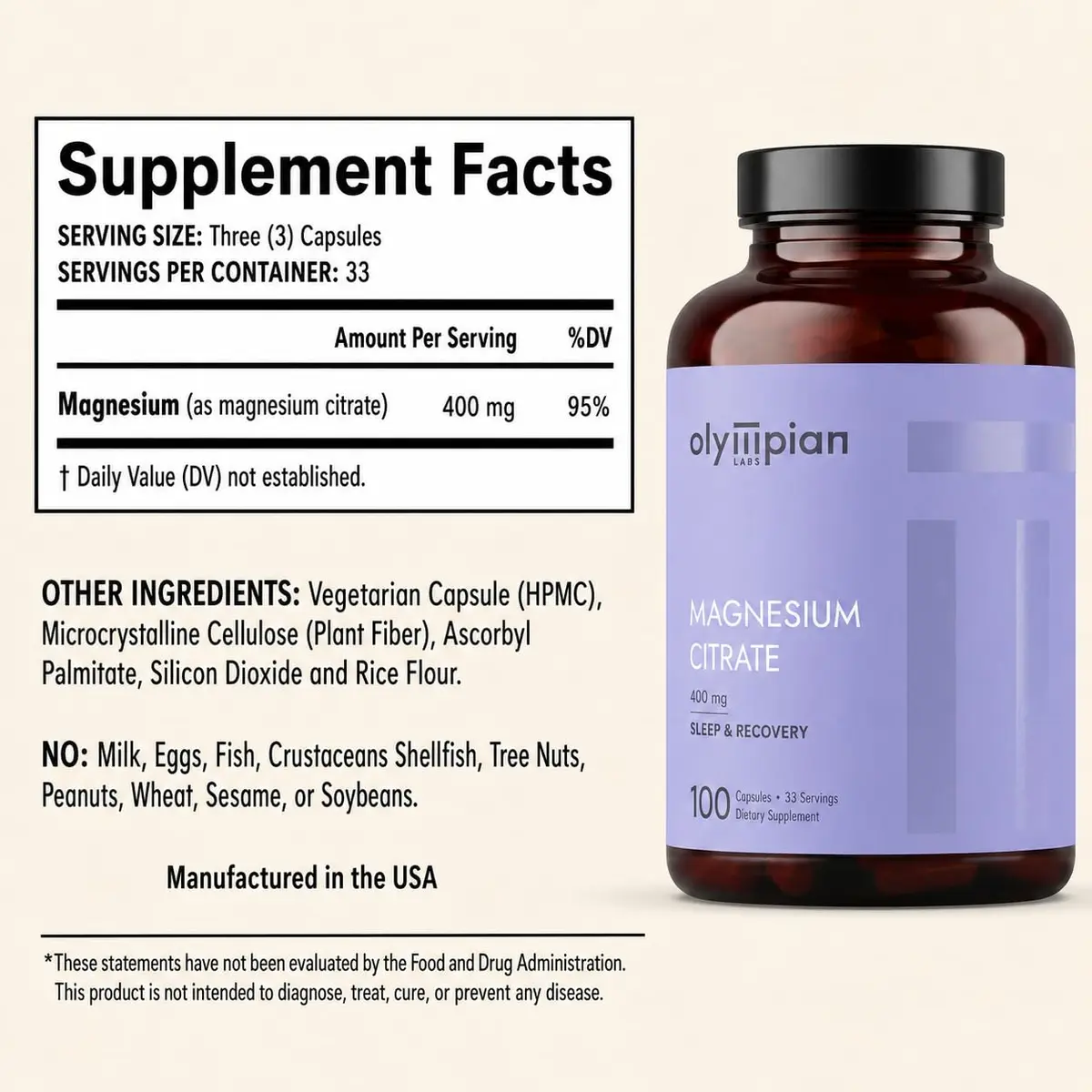 Olympian Labs Magnesium Citrate 400mg | Support Nervous System, Muscles & Bones, 100 Capsules - view 2