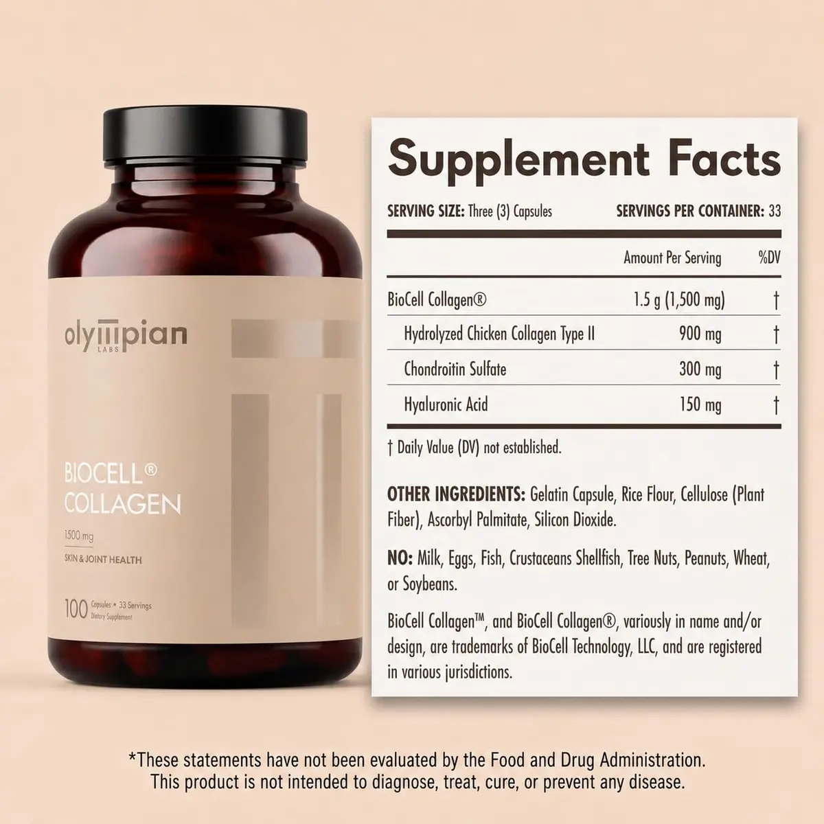 Olympian Labs Biocell Collagen II 1500mg Capsules | Supports Skin & Joints, 100 Capsules - view 2