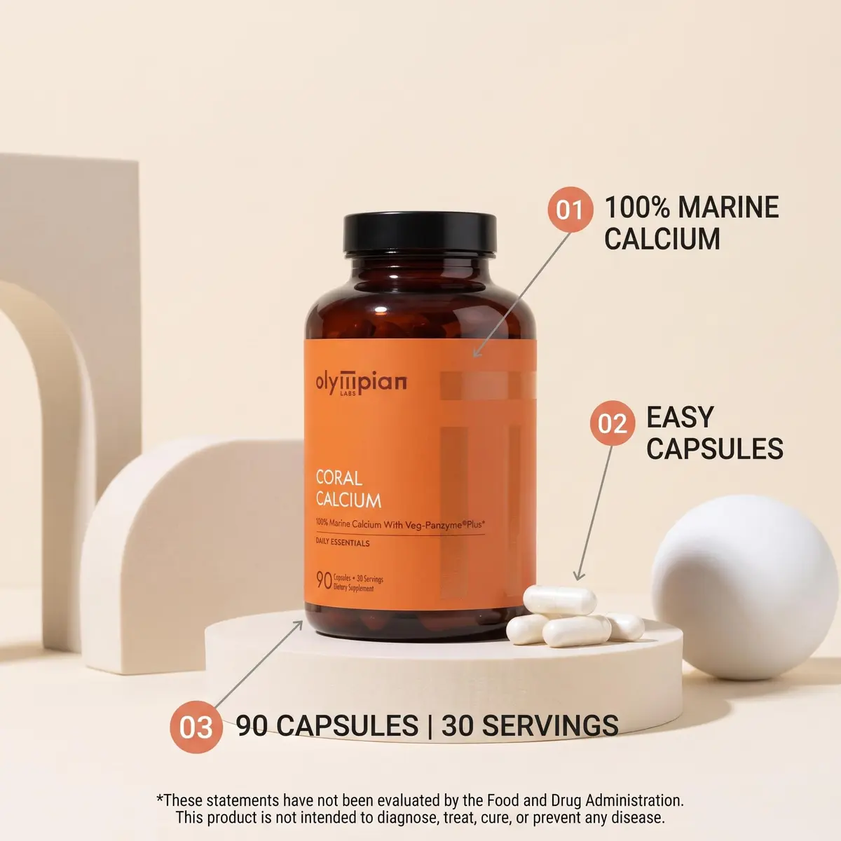 Olympian Labs Coral Calcium 1000mg Capsules Supporting Healthy Bones & pH Balance, 90 Count - view 2