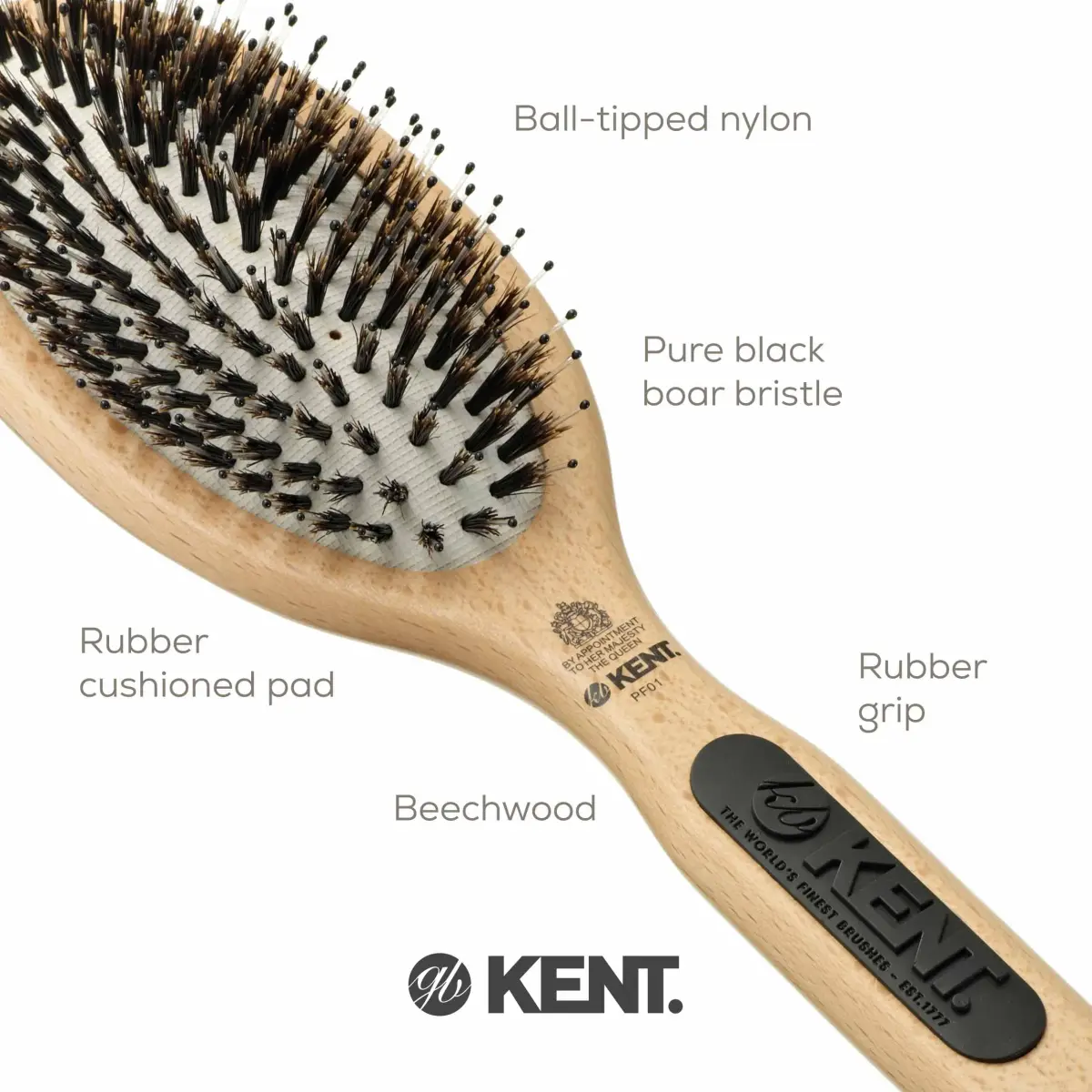 Kent PF01 Large Cushion Detangler Brush, Boar Bristle & Nylon Mix, 23.19cm (9.13in) | Detangles & Smooths Medium to Long Hair - view 6
