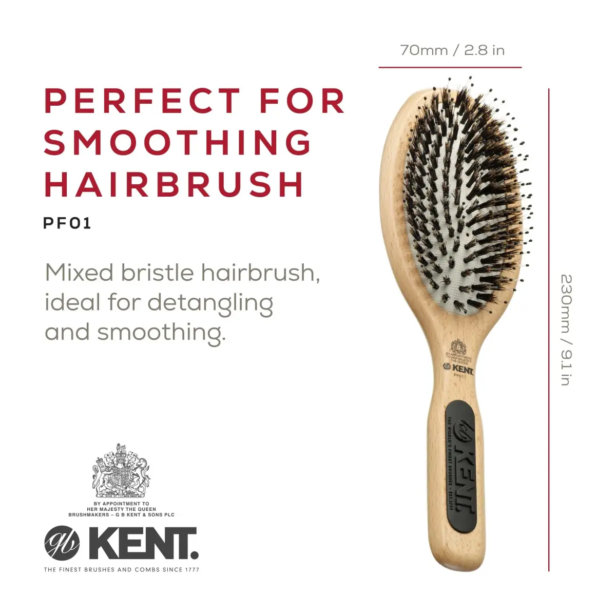 Kent PF01 Large Cushion Detangler Brush, Boar Bristle & Nylon Mix, 23.19cm (9.13in) | Detangles & Smooths Medium to Long Hair - view 2