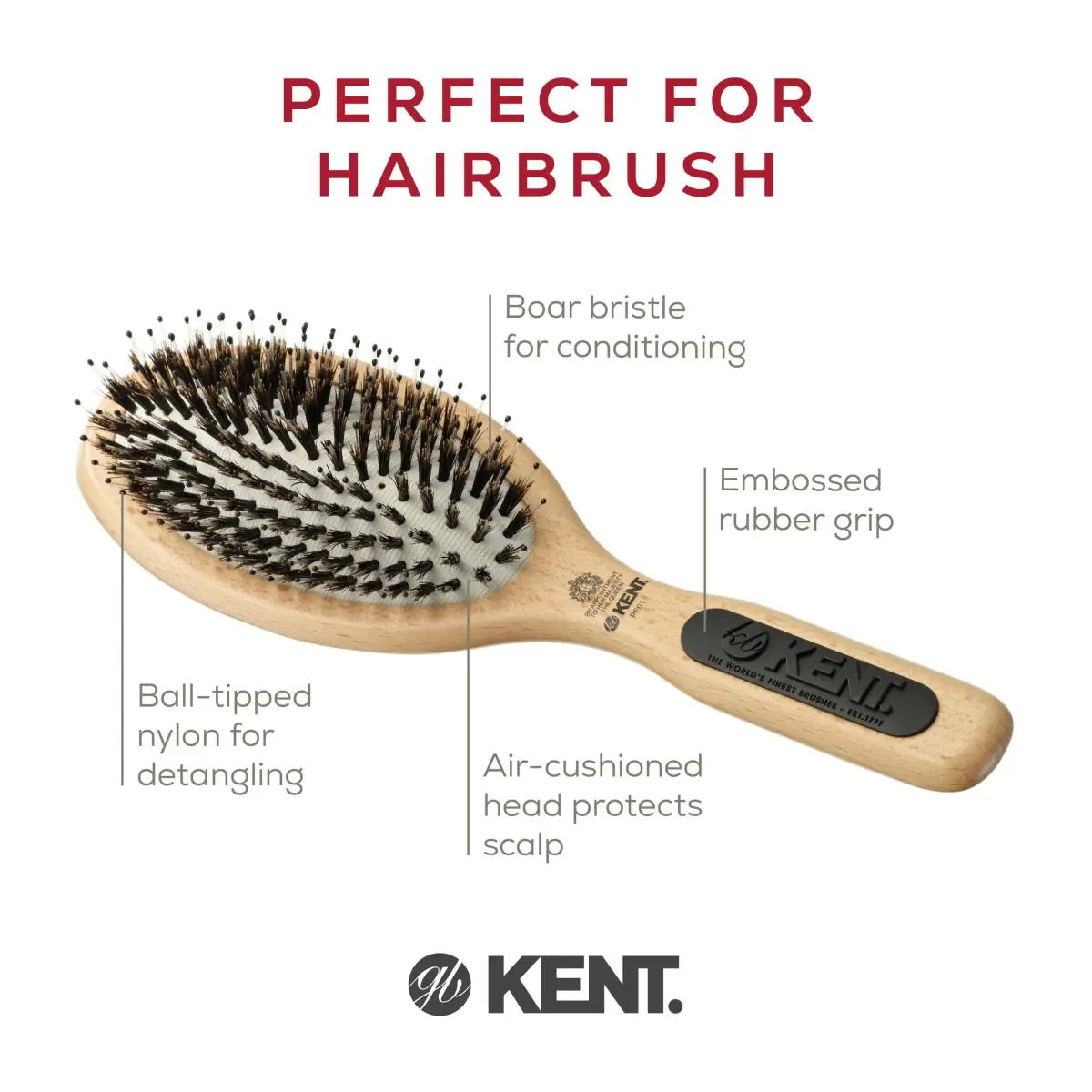 Kent PF01 Large Cushion Detangler Brush, Boar Bristle & Nylon Mix, 23.19cm (9.13in) | Detangles & Smooths Medium to Long Hair - view 3