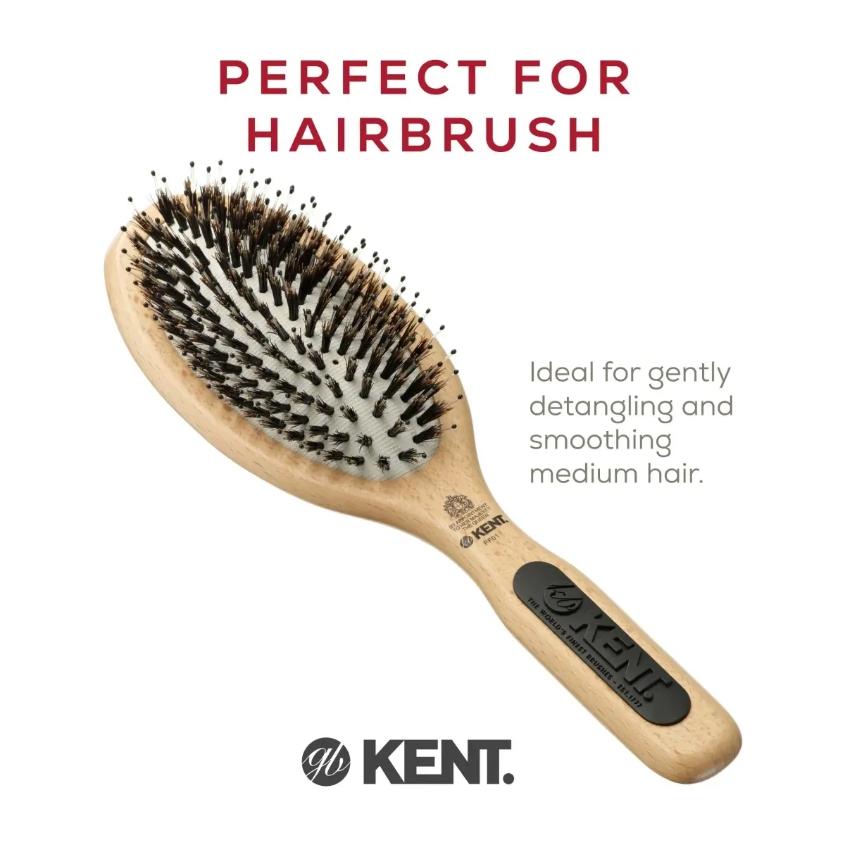 Kent PF01 Large Cushion Detangler Brush, Boar Bristle & Nylon Mix, 23.19cm (9.13in) | Detangles & Smooths Medium to Long Hair - view 4