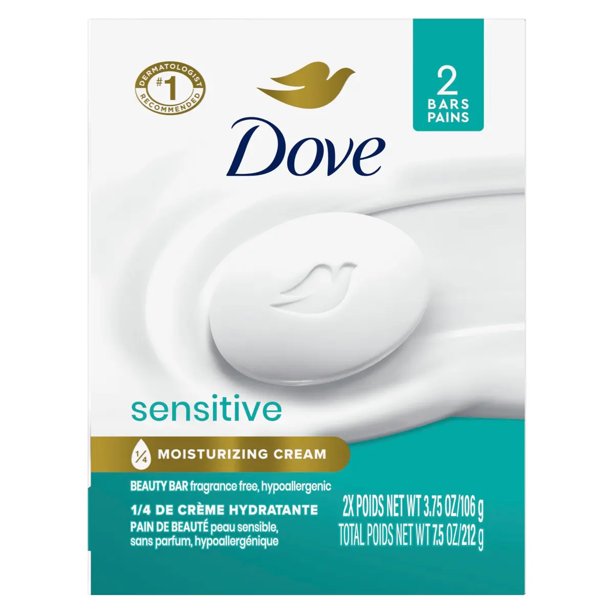 Dove Sensitive Skin Beauty Bar Soap 204g (7.5 Oz) | Hypoallergenic & Fragrance-Free Cleanser - main product image