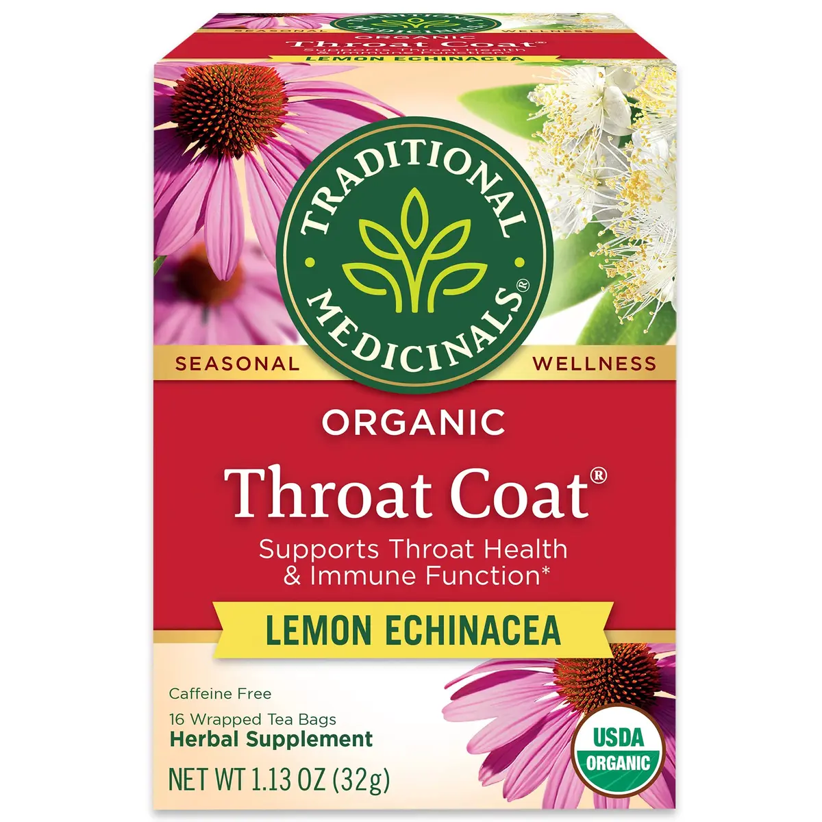 Traditional Medicinals Organic Throat Coat Lemon Echinacea Tea 16 ct | Supports Throat Health & Immune System - main product image