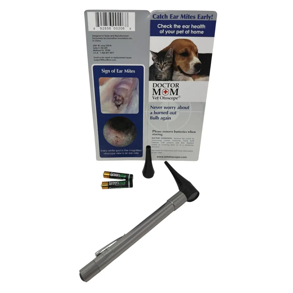 Dr Mom Pocket Veterinary LED Otoscope with 4X Optics | Includes 2 Reusable Specula & Ear Mite Info Sheet - main product image