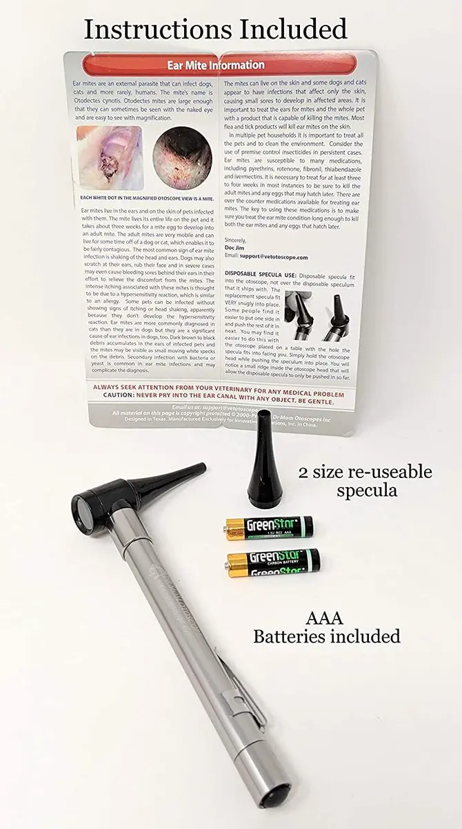 Dr Mom Pocket Veterinary LED Otoscope with 4X Optics | Includes 2 Reusable Specula & Ear Mite Info Sheet - view 5