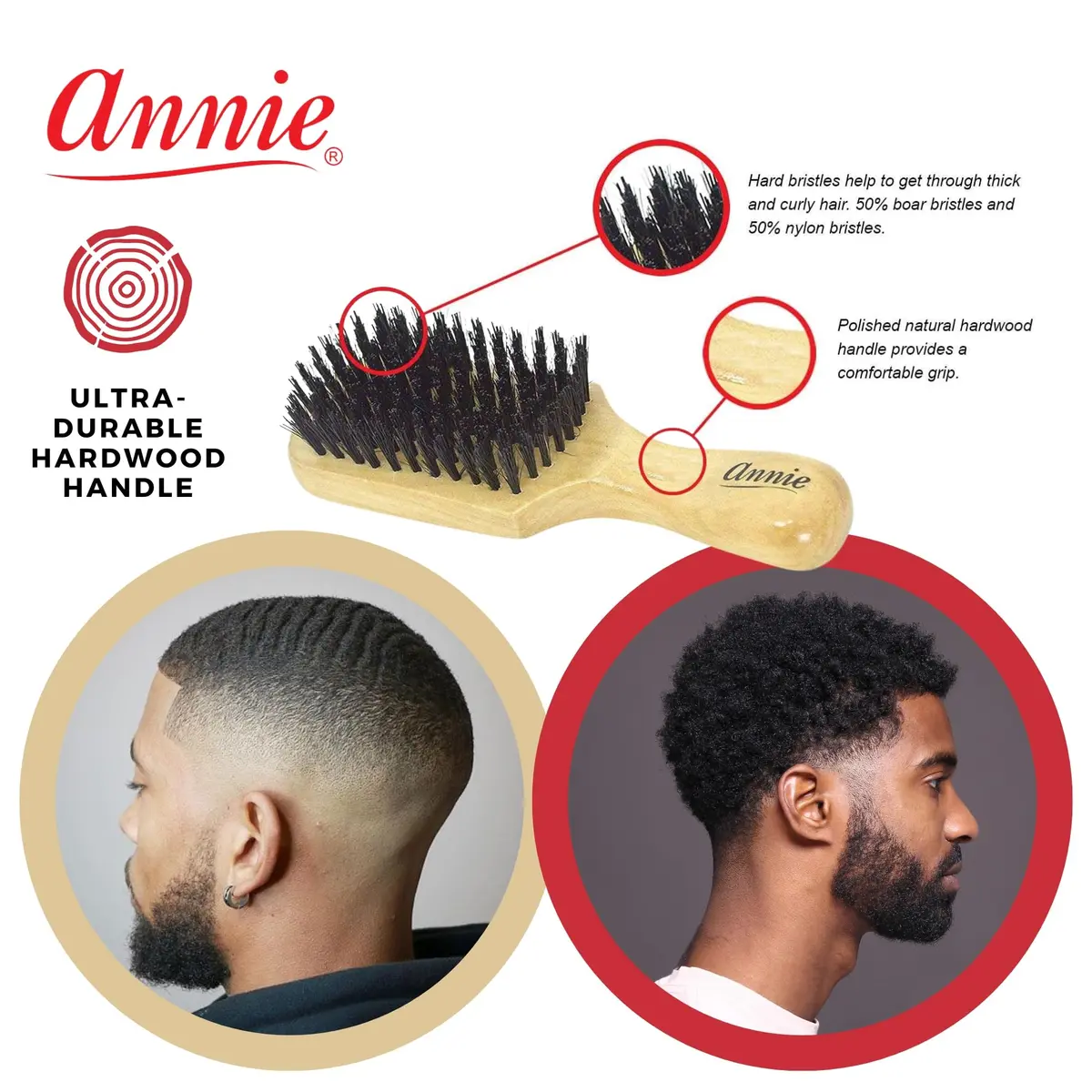 Annie Natural Boar Bristle Hard Club Brush | Reinforced Detangling Hairbrush for Wavy, Straight, Long & Short Hair | 7 Inch (Pack of 1) - view 3