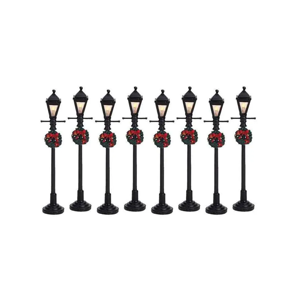 Lemax Gas Lantern Street Lamp Set of 8 Battery Operated 10.5cm (4.13in) Red Shades | Christmas Village Accessory - main product image