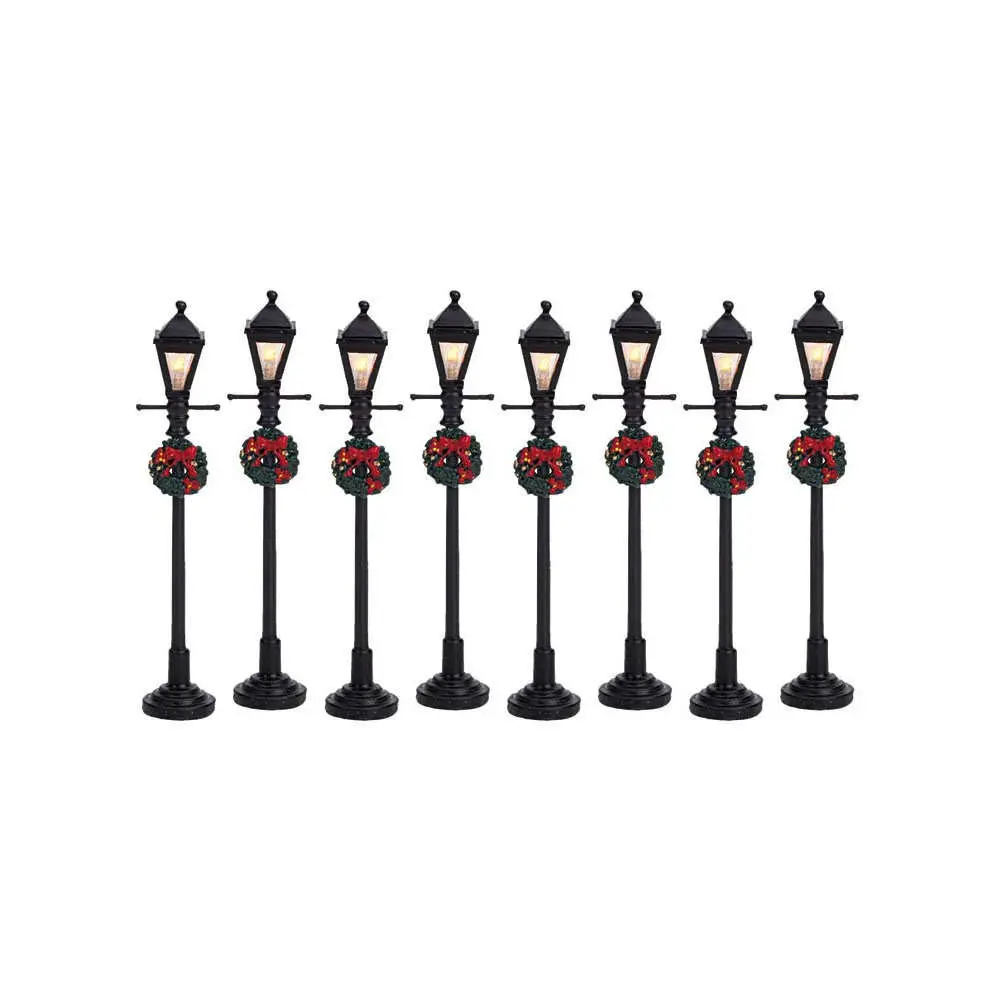 Lemax Gas Lantern Street Lamp Set of 8 Battery Operated 10.5cm (4.13in) Red Shades | Christmas Village Accessory - view 2