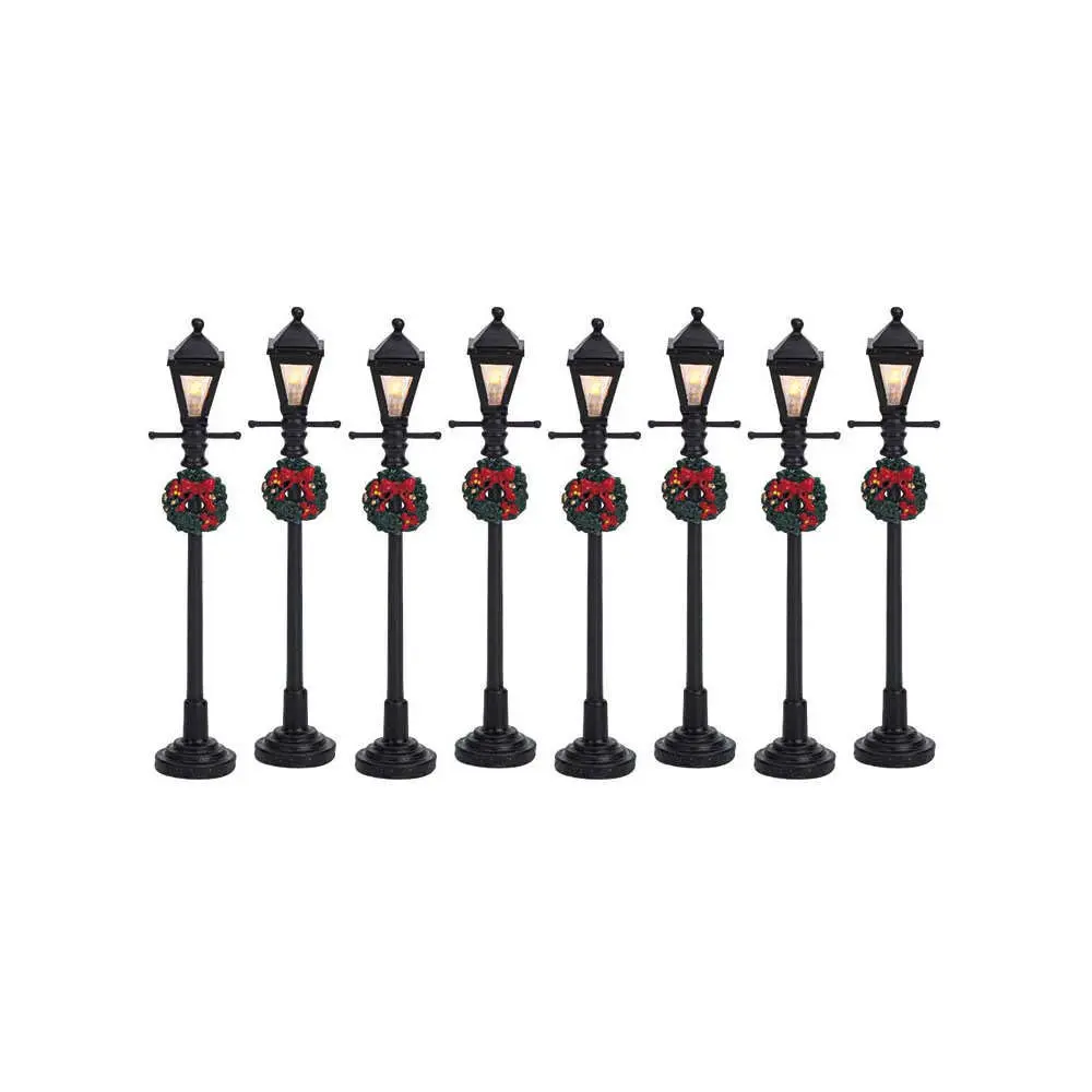 Lemax Gas Lantern Street Lamp Set of 8 Battery Operated 10.5cm (4.13in) Red Shades | Christmas Village Accessory - view 3