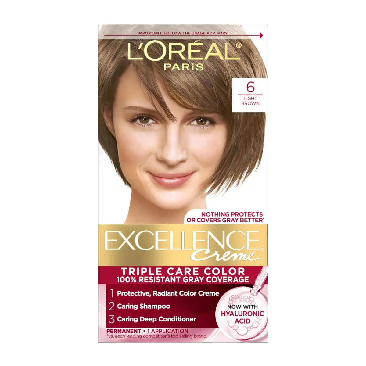 L'Oreal Paris Excellence Crème Permanent Hair Dye, Triple Care 6 Light Brown, 1 Kit | Hyaluronic Acid Gray Coverage - main product image