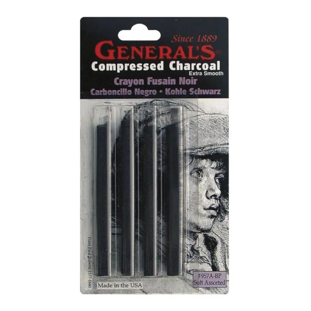 General's Compressed Charcoal Sticks 4 Count (Black - Soft Assorted) | Blendable Drawing Media - main product image