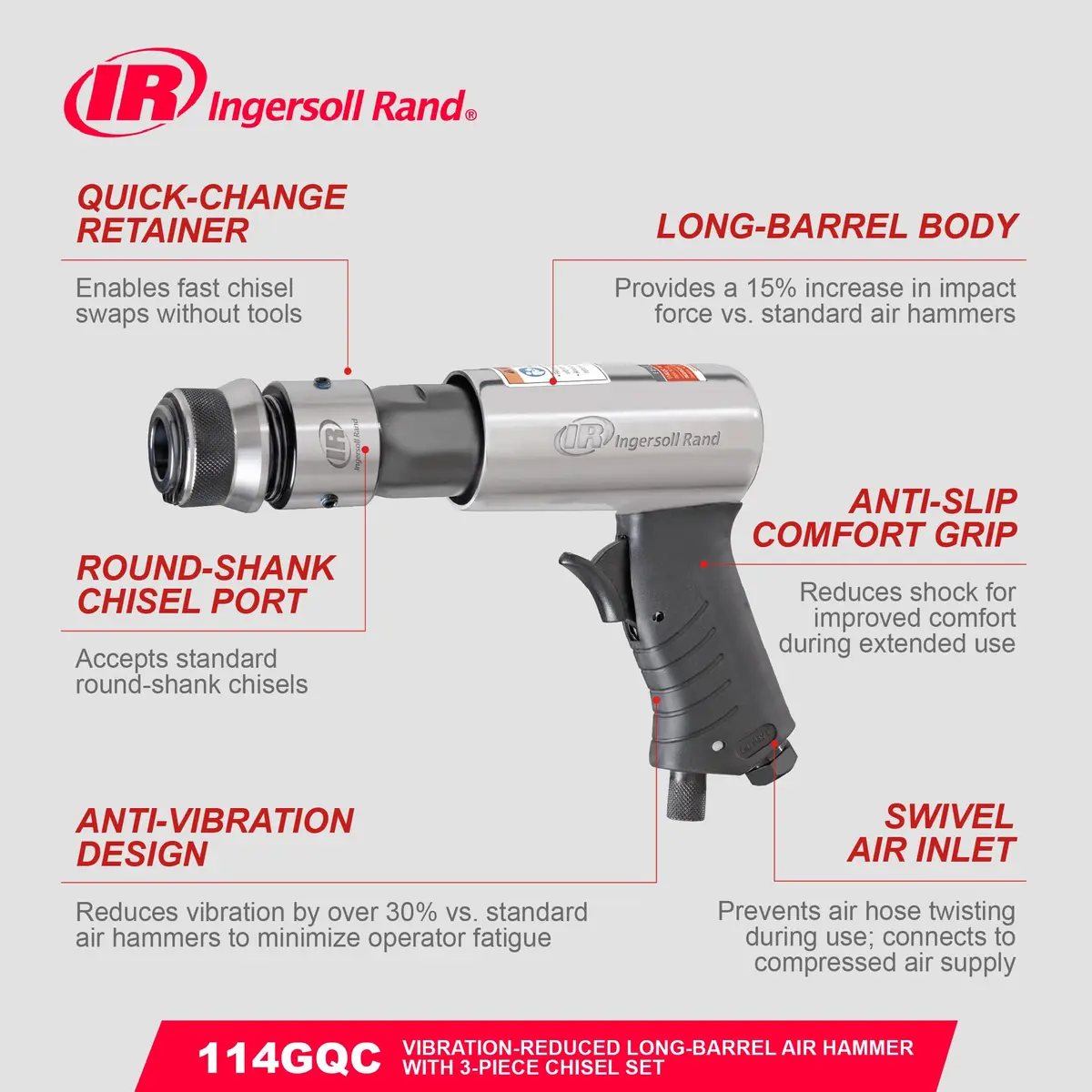 Ingersoll Rand 114GCQ EDGE Series 2 5/8" Stroke Air Hammer Kit | Heavy-Duty Pneumatic Tool for Professionals & DIY - view 6