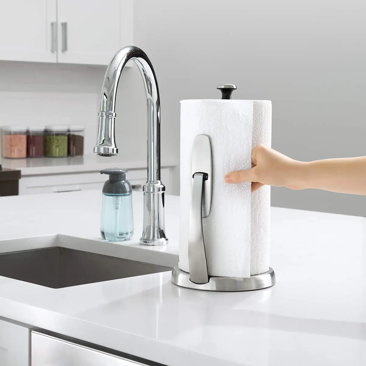 OXO Good Grips SimplyTear Paper Towel Holder Countertop for Kitchen | Stainless Steel, Freestanding, 1 Pack - view 2
