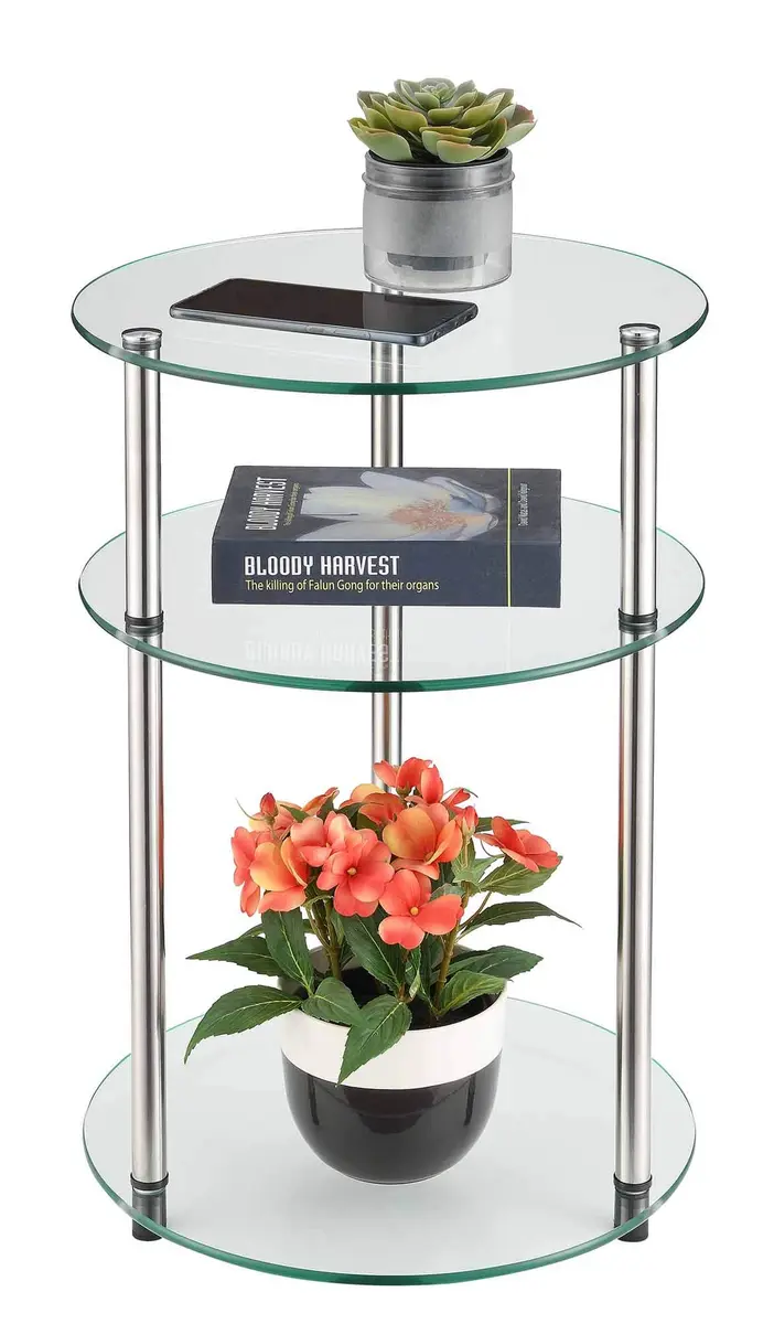 Convenience Concepts Designs2Go 3-Tier Round End Table, Glass | Modern Glam Style with 3 Glass Shelves (15.75") - view 2