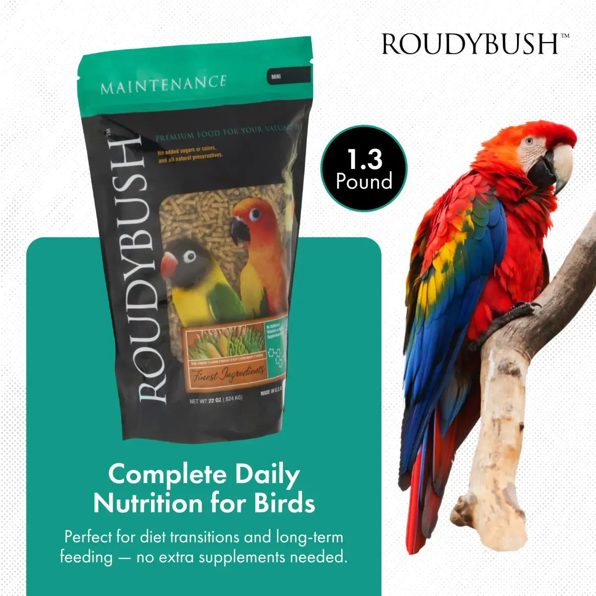 RoudyBush Daily Maintenance Bird Food Mini Pellets 624g (22oz) | Scientifically Formulated Bird Feed - view 2