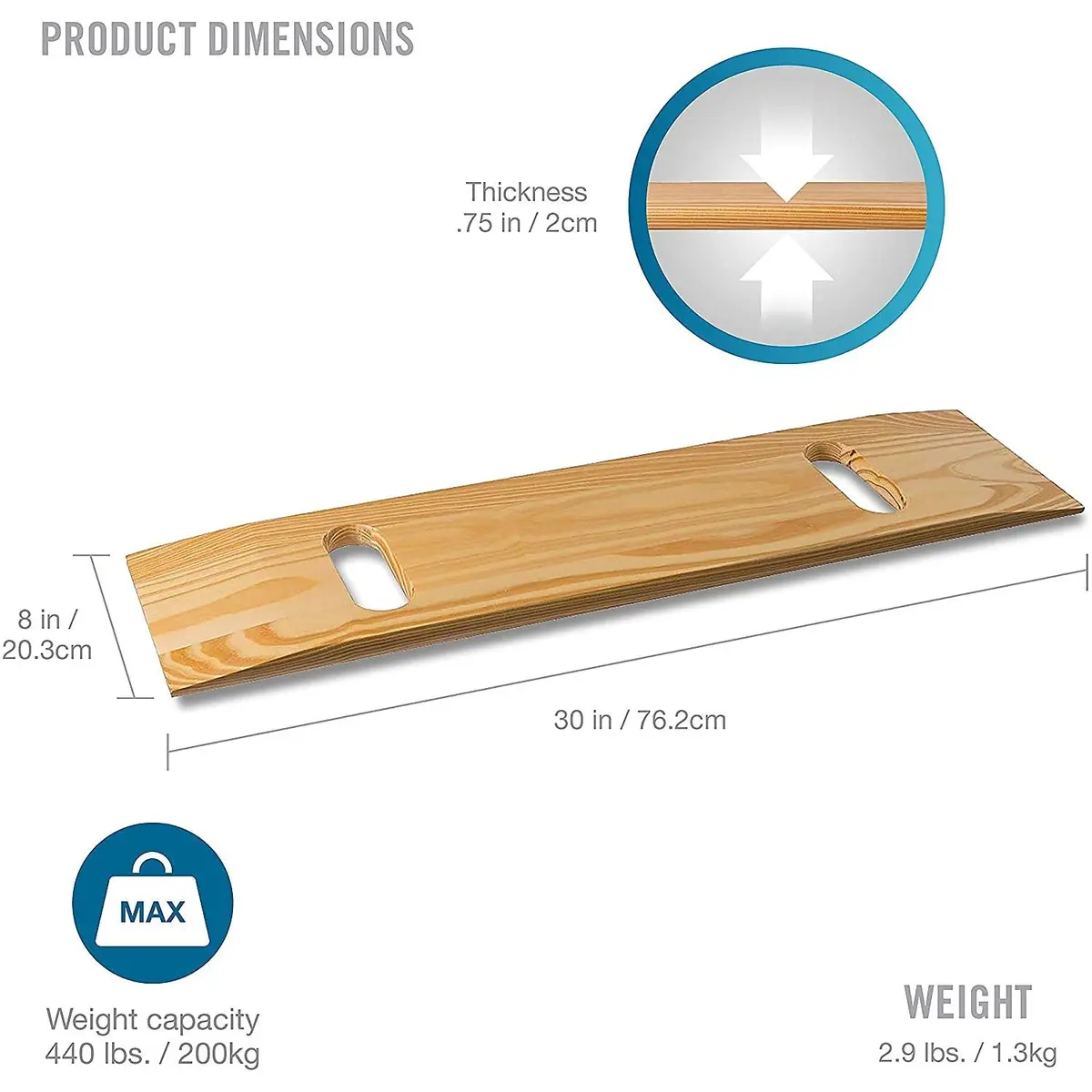 DMI Transfer Board and Slide Board 30in x 8in | Heavy-Duty Wood Mobility Aid up to 440 lbs - view 2