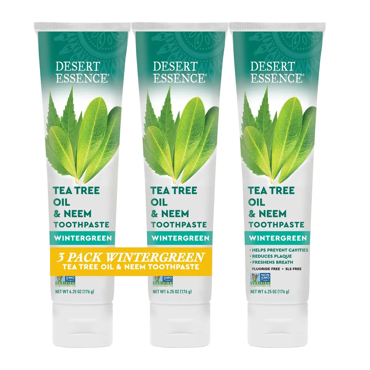 Desert Essence Tea Tree Oil and Neem Toothpaste, Wintergreen, 3 Pack | Fluoride-Free, Vegan, Fresh Breath (6.25 Oz x 3) - main product image