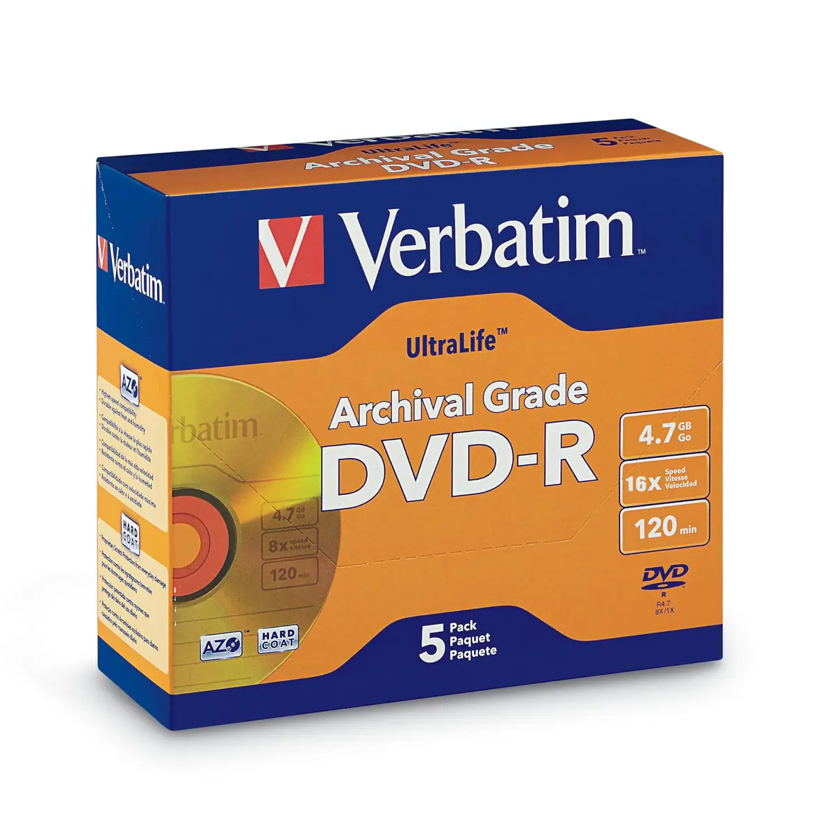 Verbatim UltraLife Gold DVD-R 4.7GB 120 Min 16X Write Speed Hard Coat Jewel Case (5 Pack) | Archival Grade Media - main product image