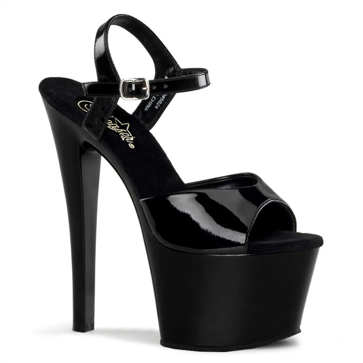 Pleaser Sky-309 Ankle-Strap Sandal 7" Heel | Black Patent/Black, Formal Women’s Platform Shoes - main product image