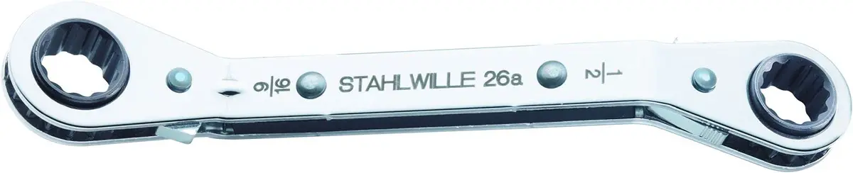 Stahlwille 3/8" x 7/16" Ratchet Ring Spanner | Reversible Bi-Hexagon Angled Tool - main product image