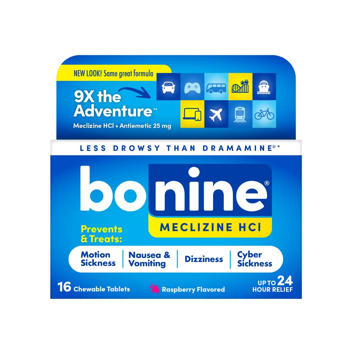 Bonine Meclizine HCl Motion Sickness Relief 16 Ct | Non-Drowsy, Raspberry Chewable Tablets - main product image