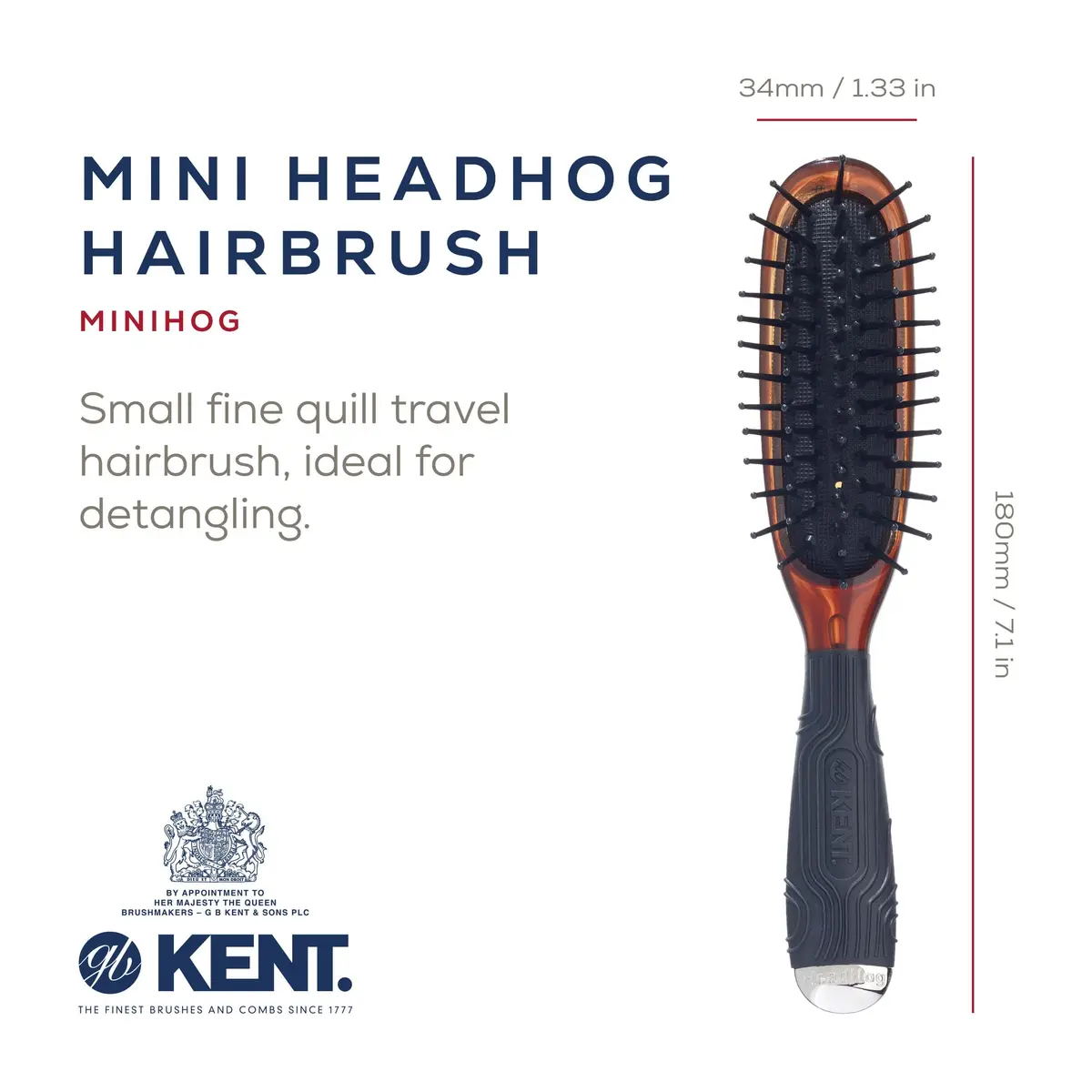 Kent Minihog Detangler Brush Tortoiseshell | Anti Static Hair Brush with Rounded Nylon Bristles for All Hair Types, Travel Brush with Ergonomic Grip - view 2
