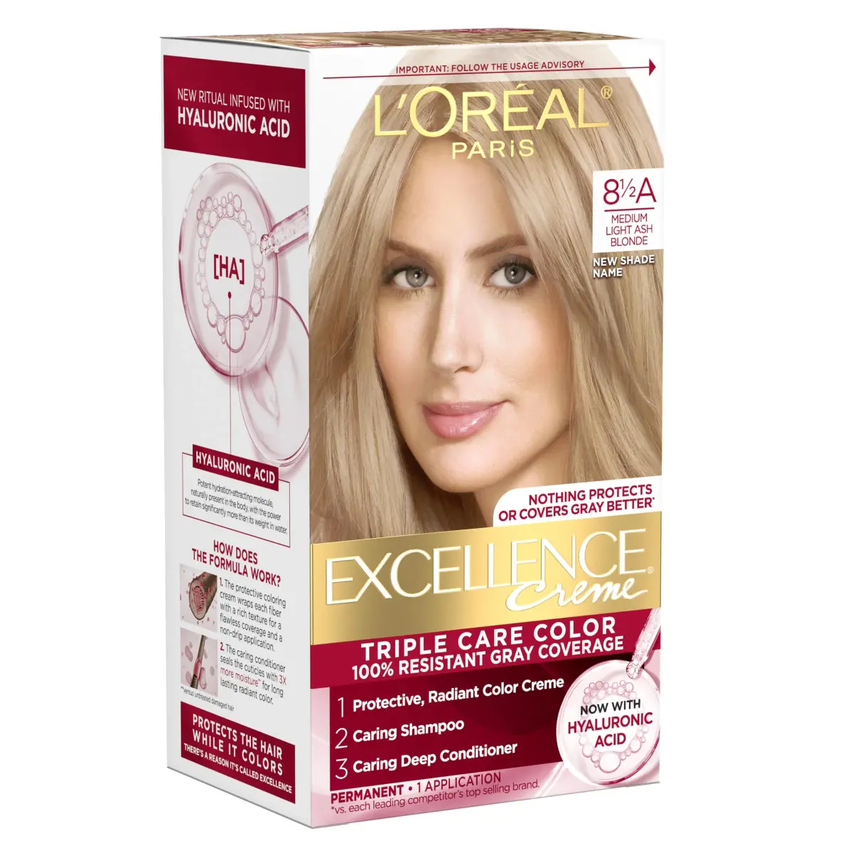 L'Oreal Paris Excellence Crème Permanent Hair Dye 8.5A Medium Light Ash Blonde Kit | Triple Care Color Routine - main product image