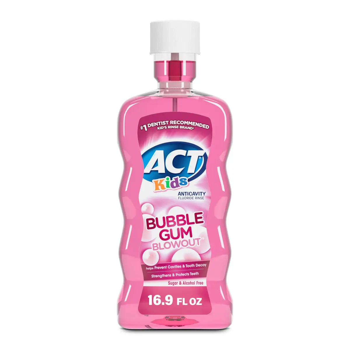 ACT Kids Anti-Cavity Fluoride Rinse, Bubble Gum Blowout, 479ml (16.9 Fl Oz) | Maximum Strength Fluoride - main product image