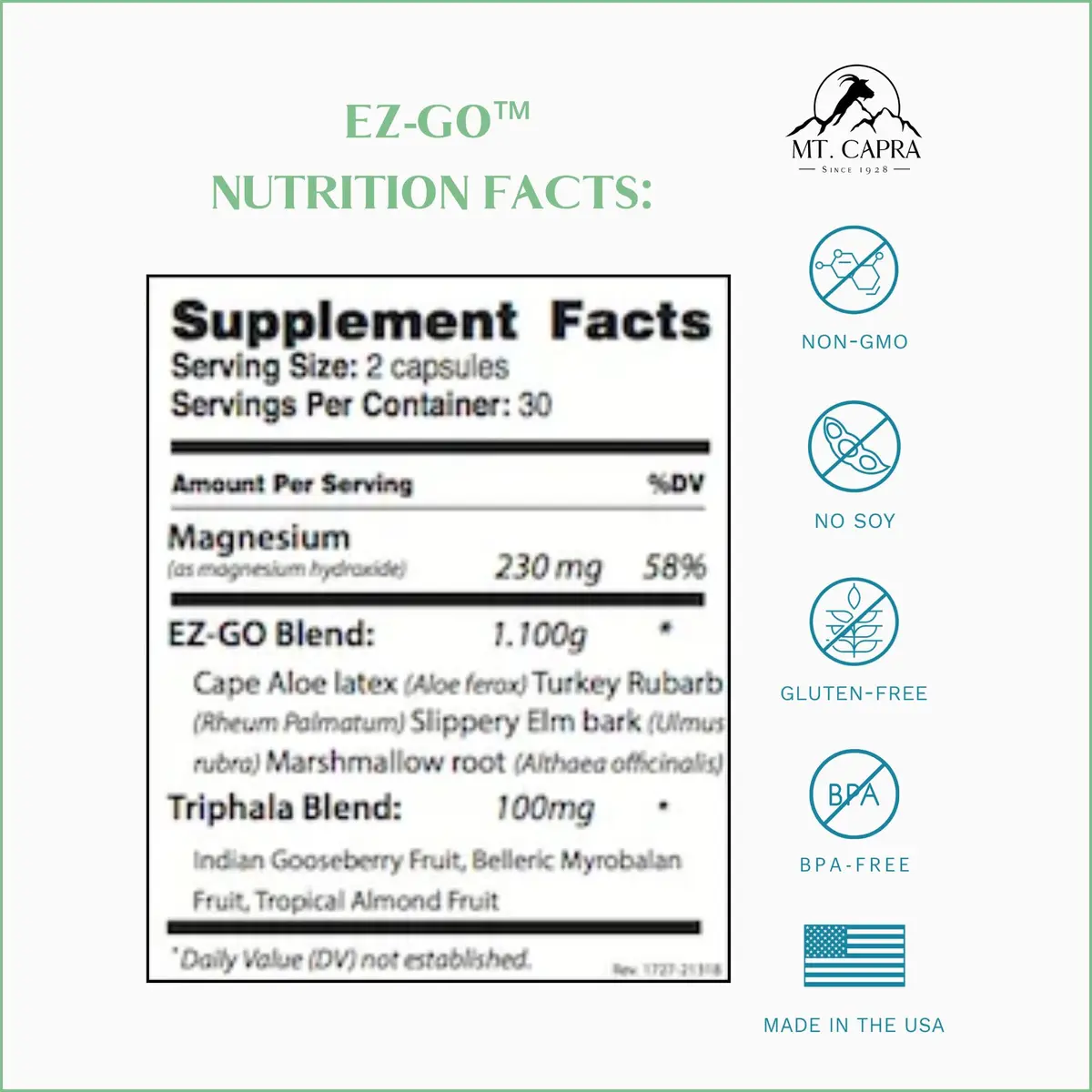 Mt. Capra EZ-Go Herbal Stool Softener 60 Capsules | Gentle Colon Support with Natural Fibers - view 2