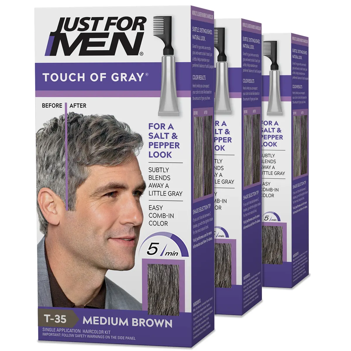 Just for Men Touch of Gray Hair Color, Salt & Pepper Look, Medium Brown T-35 (3 Pack) | Blends Gray Hair for a Natural Look - main product image