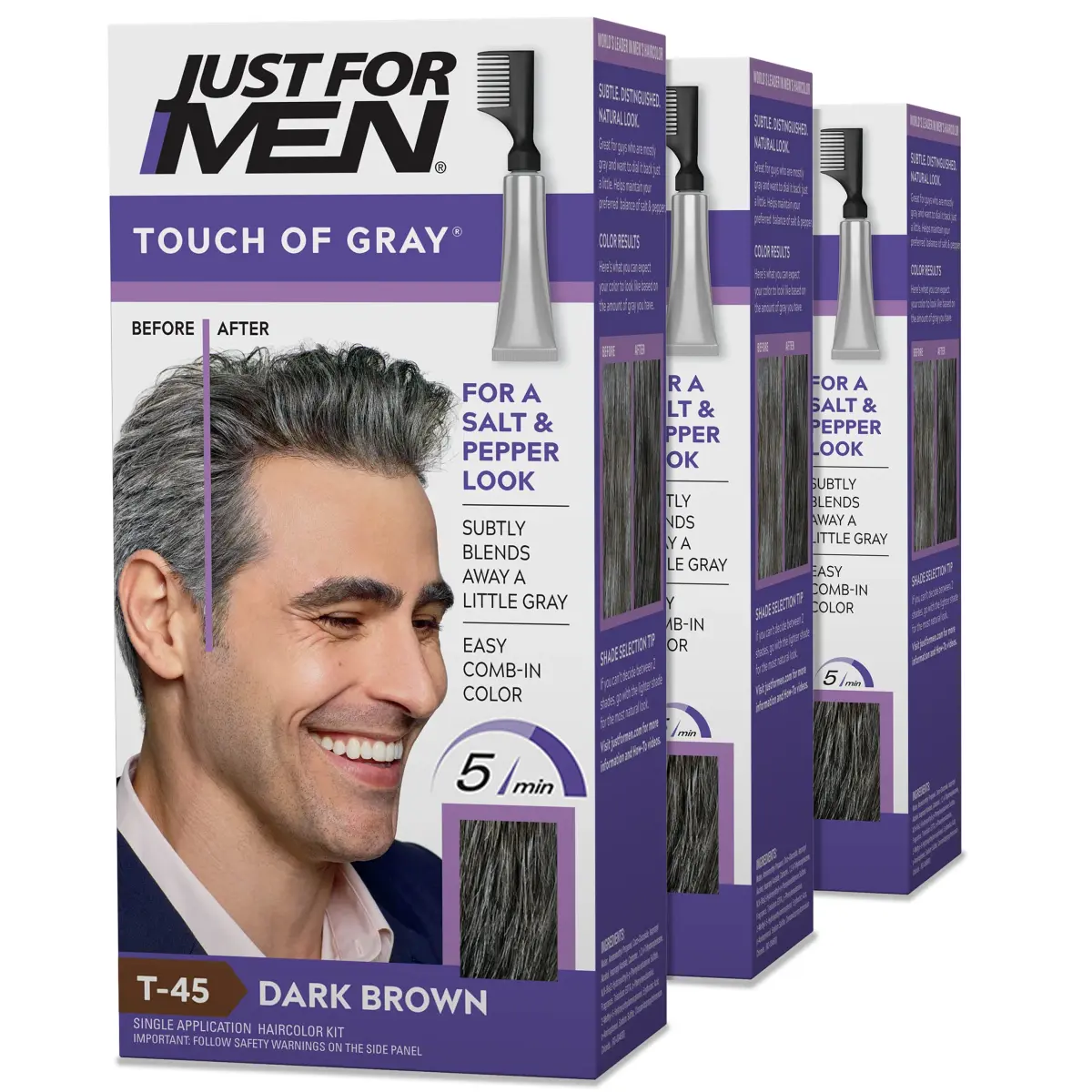 Just for Men Touch of Gray Hair Color T-45 Dark Brown (3 x 0.25 fl oz) | Blends Gray for Salt & Pepper Look - main product image