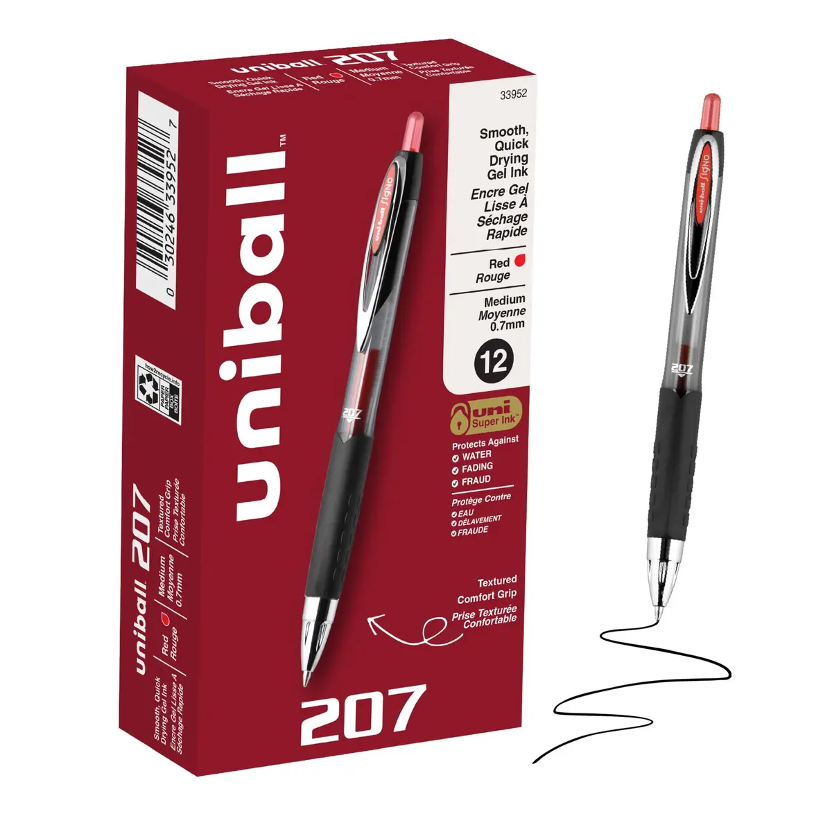 Uni-Ball 207 Gel Pens, Red Ink, 0.7mm Medium Point, Retractable | Reliable, Water-Resistant Ink - main product image