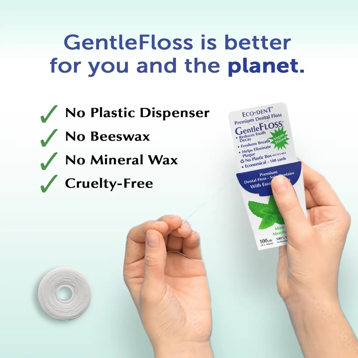 Eco-Dent GentleFloss Dental Floss, Waxed, Mint | Vegan Plant-Based Wax, Recyclable Packaging - view 5