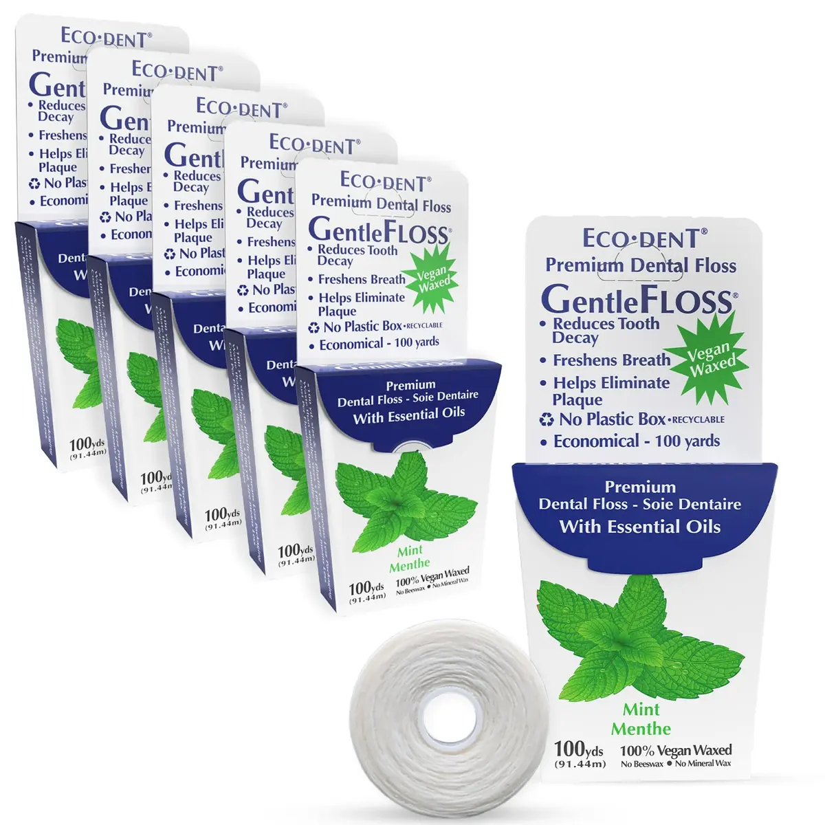 Eco-Dent GentleFloss Dental Floss, Waxed, Mint | Vegan Plant-Based Wax, Recyclable Packaging - main product image