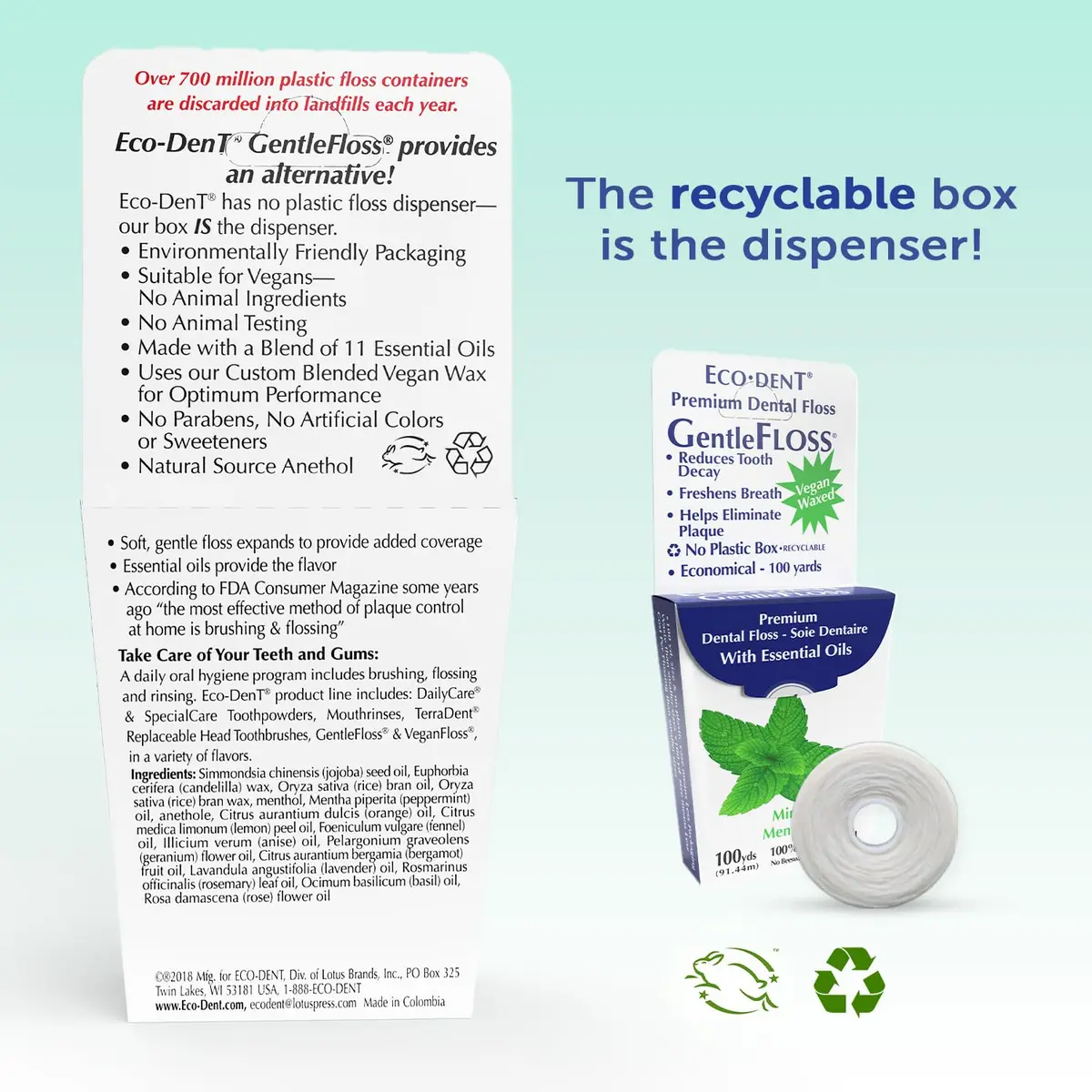 Eco-Dent GentleFloss Dental Floss, Waxed, Mint | Vegan Plant-Based Wax, Recyclable Packaging - view 2