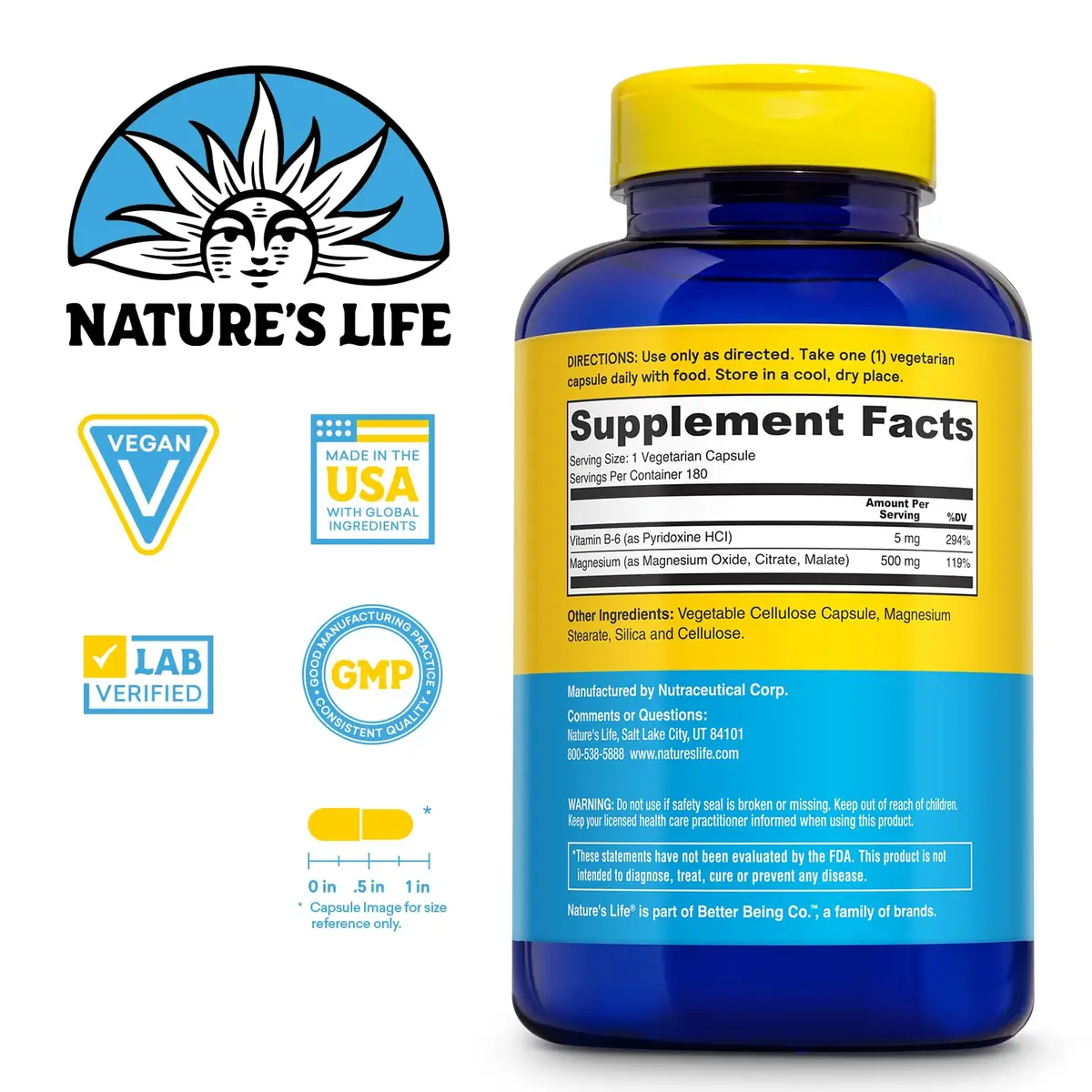 Nature's Life Magnesium 500 mg + Vitamin B-6 | Supports Muscles & Nerves, Lab Verified, 180 VegCaps - view 2