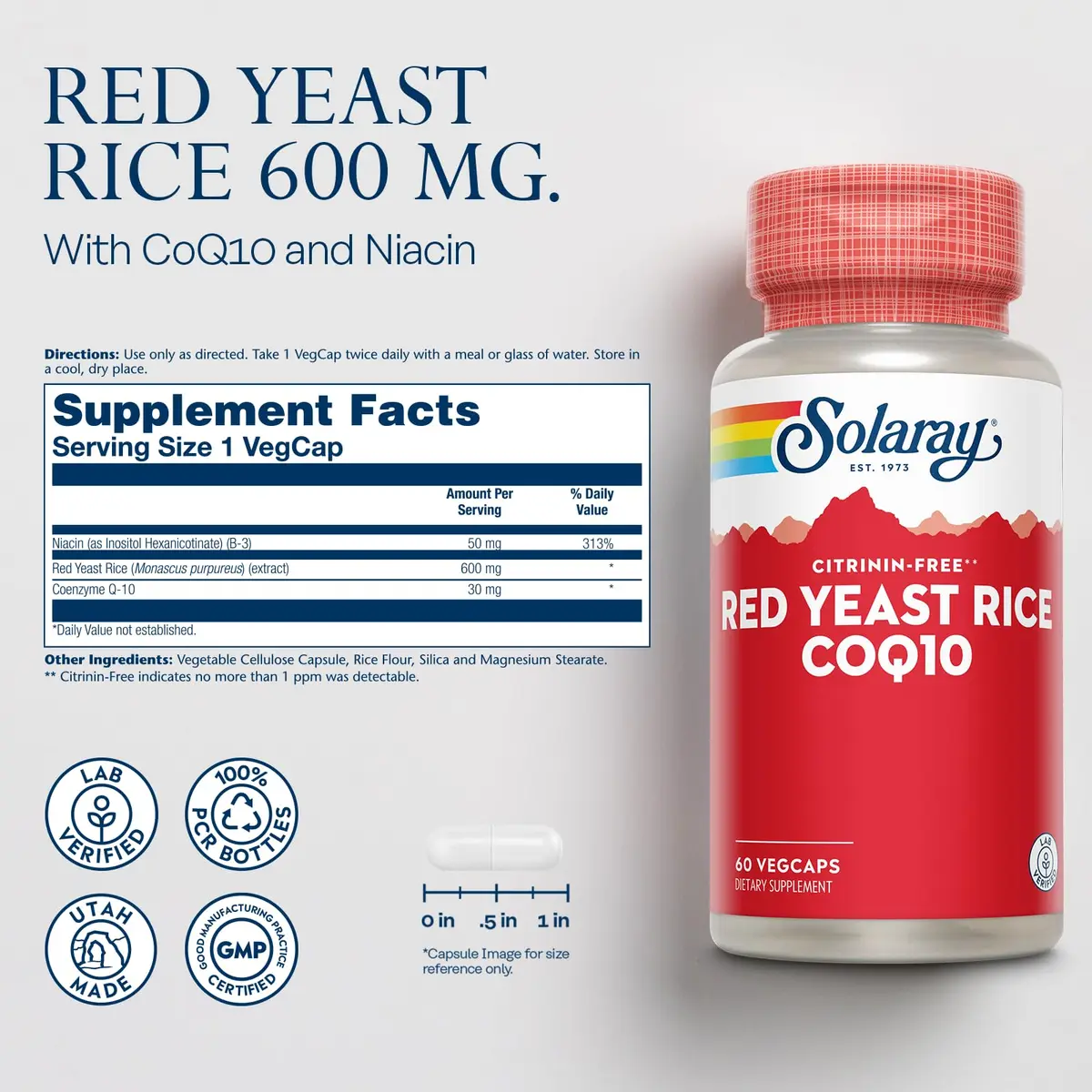 SOLARAY Red Yeast Rice with CoQ10 & Niacin | Supports Cardiovascular Health, Citrinin-Free, 60 VegCaps - view 2