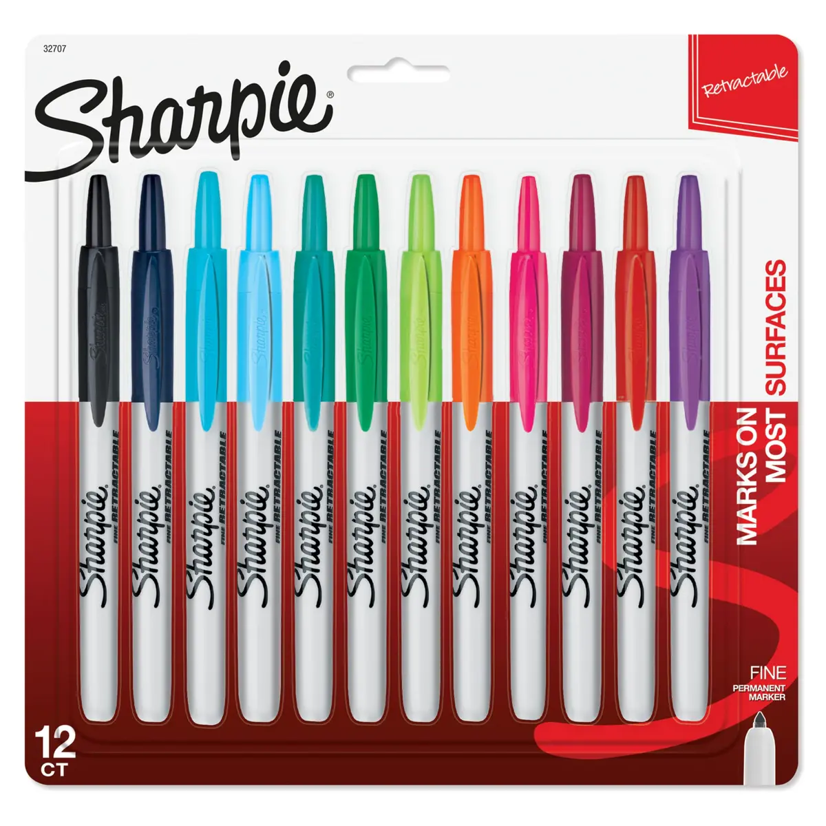 Sharpie Retractable Fine Tip Permanent Markers, Assorted Colors, 12 Count | Bold, Water-Resistant Ink - main product image