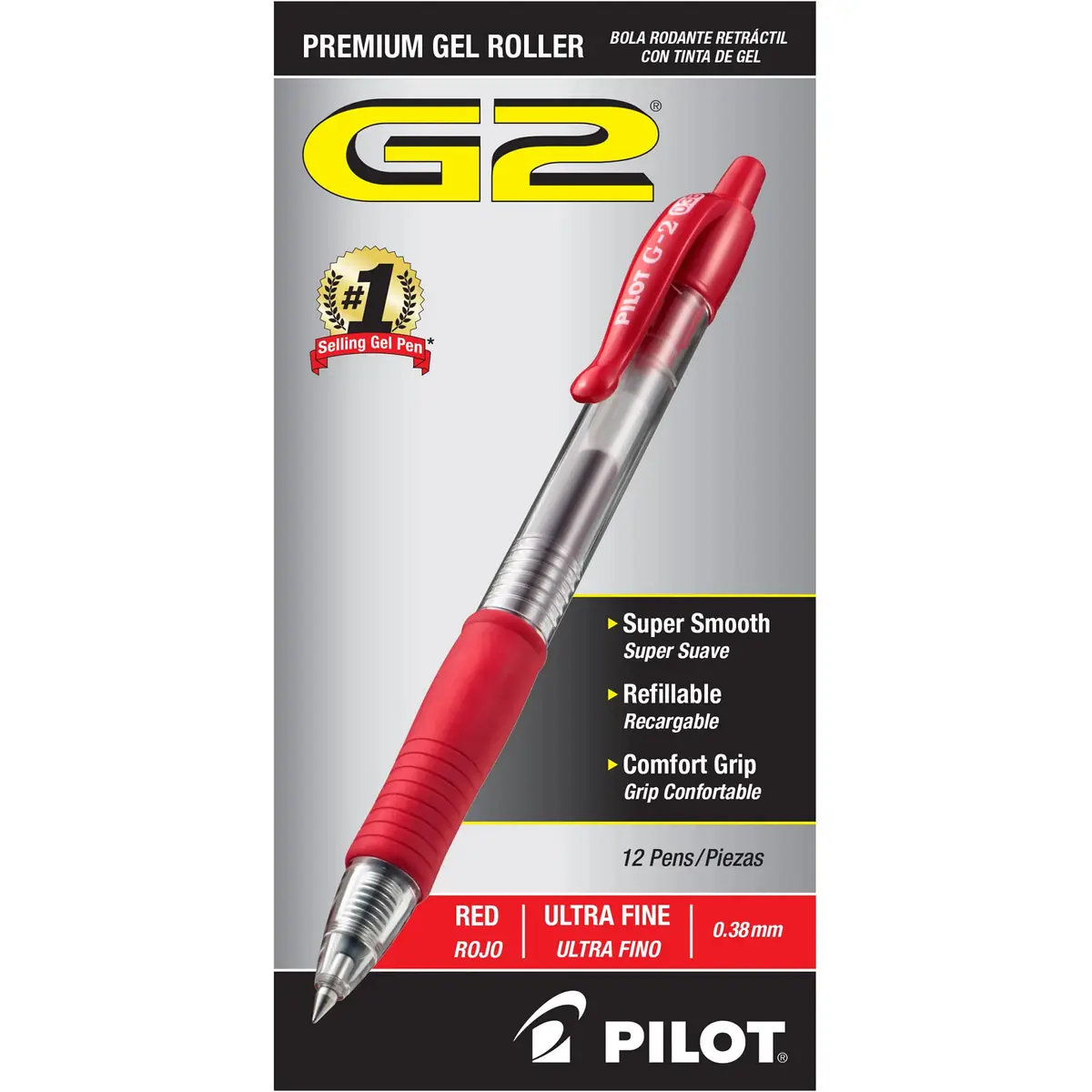 PILOT G2 Gel Roller Pens Ultra Fine Point 0.38 mm Red Pens 12 Count | Longest-Lasting Gel Ink Pen - main product image