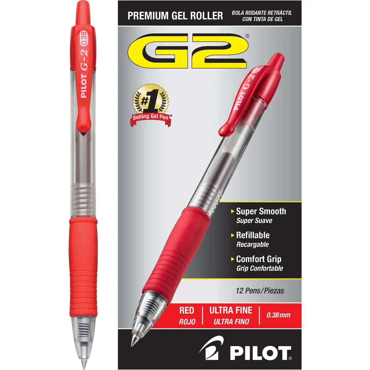 PILOT G2 Gel Roller Pens Ultra Fine Point 0.38 mm Red Pens 12 Count | Longest-Lasting Gel Ink Pen - view 2