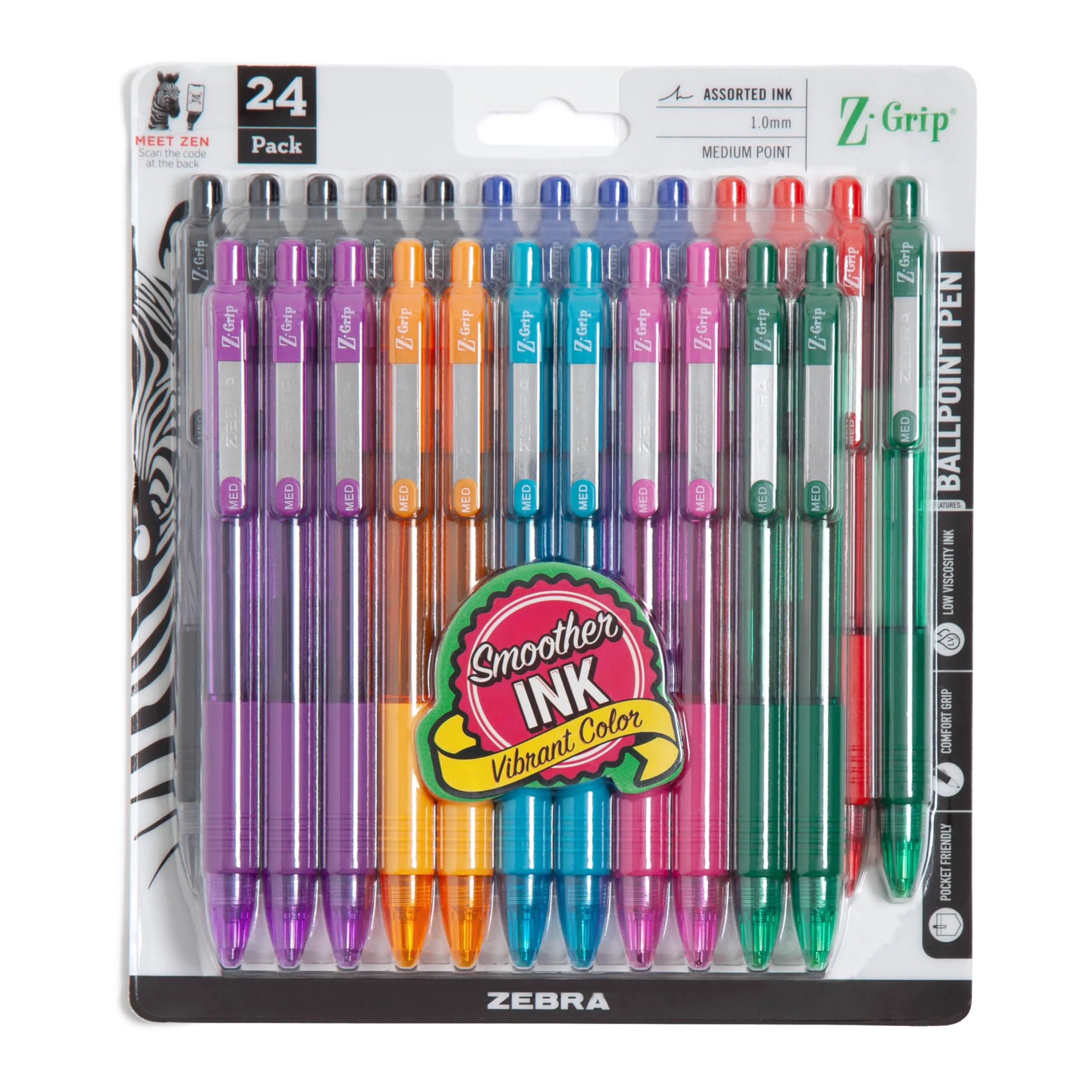 Zebra Pen Z-Grip Retractable Ballpoint Pens, Assorted Fashion Colors, 1.0mm Medium Point, 24-Pack | Smooth Ink Flow Writing Instrument - main product image