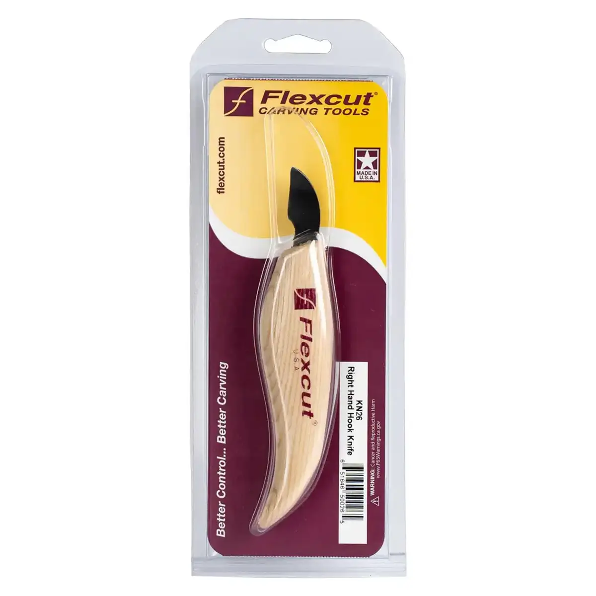 FLEXCUT Wood Carving Knives | Right-Handed Hook Knife | 1095 High-Carbon Steel Blade | Ergonomic Ash Handle | KN26 | Made in USA - view 2