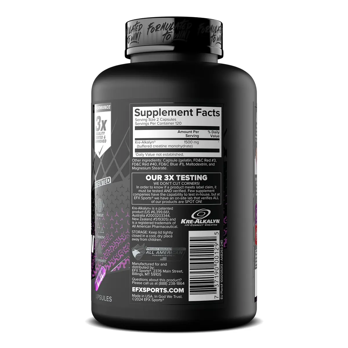 EFX Sports Kre-Alkalyn EFX pH-Correct Creatine Monohydrate Capsules 240 Count (120 Servings) | Clinically Tested Strength & Performance - view 9
