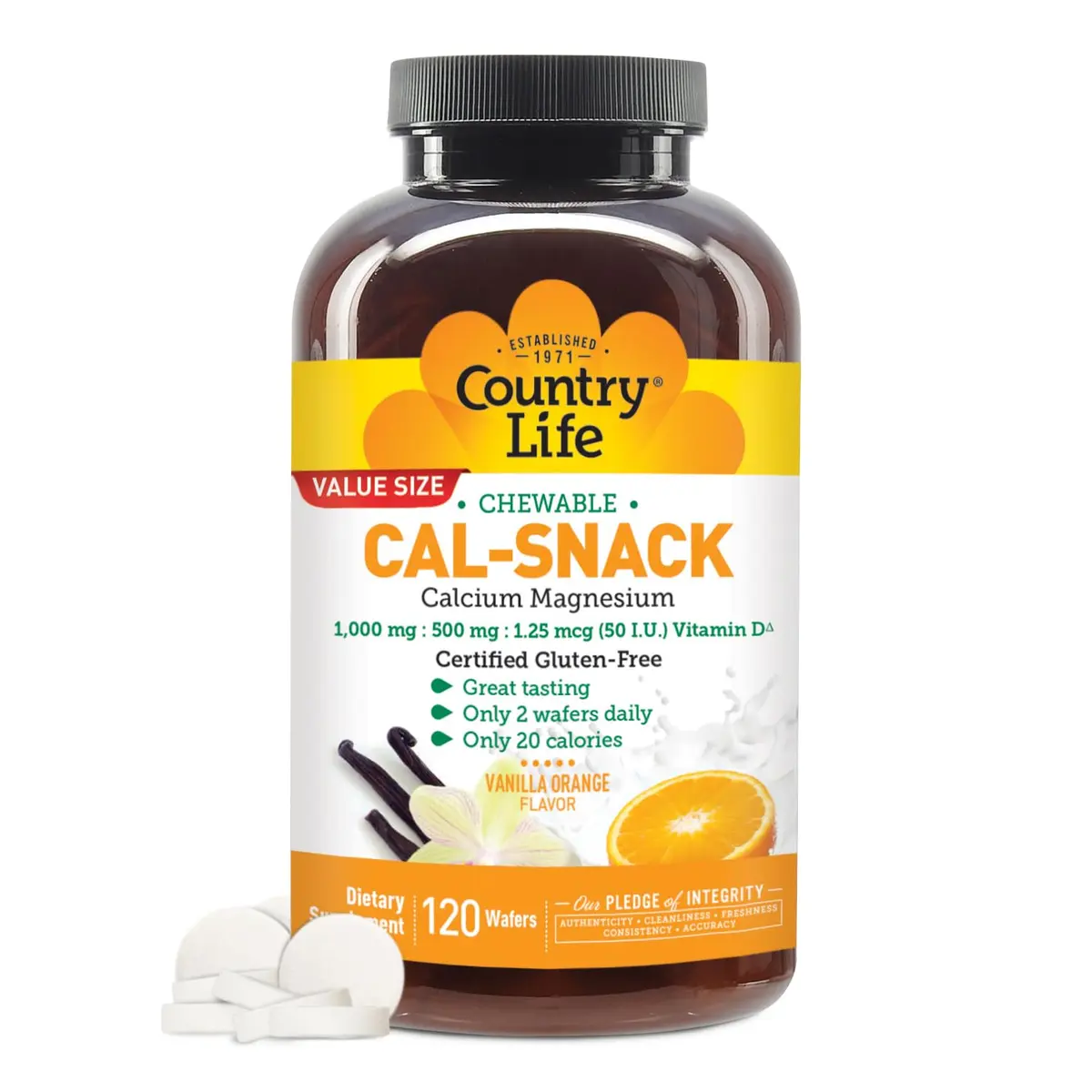 Country Life Cal-Snack Calcium Magnesium Wafers, Vanilla Orange, 120 Count | Easy-to-Chew Supplement with Vitamin D3 for Bone & Muscle Support - main product image