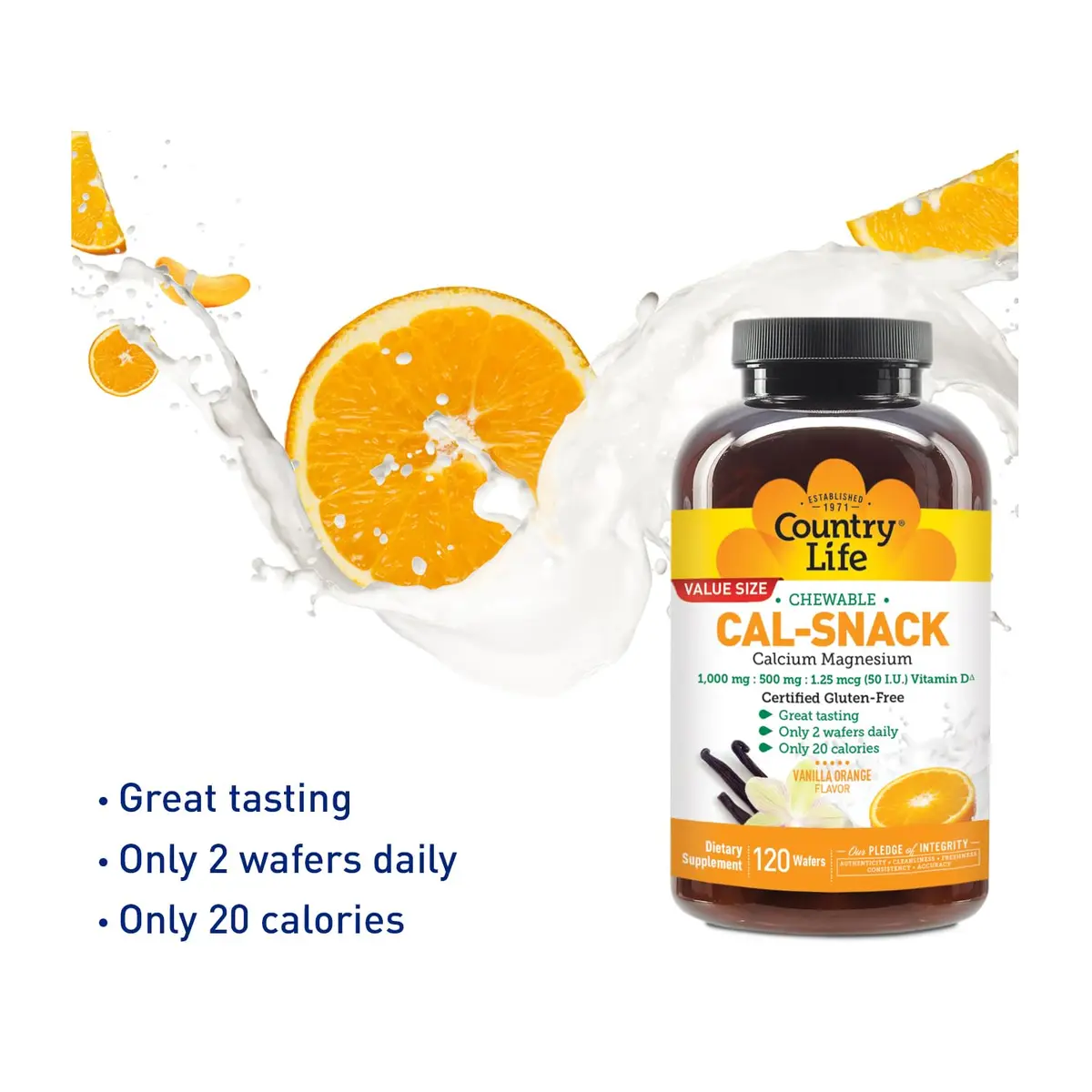 Country Life Cal-Snack Calcium Magnesium Wafers, Vanilla Orange, 120 Count | Easy-to-Chew Supplement with Vitamin D3 for Bone & Muscle Support - view 7